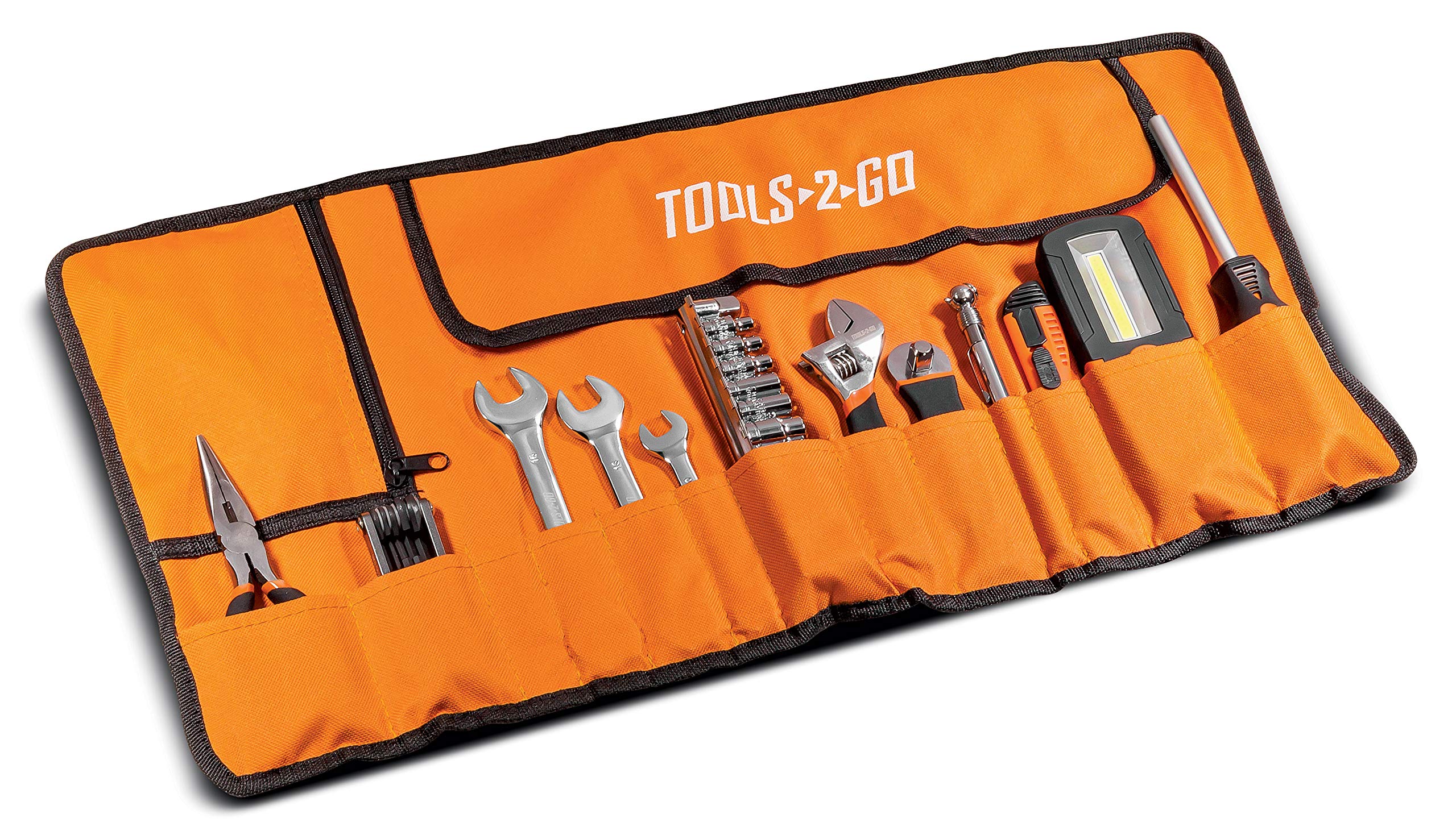 Tools-2-Go Tool 83 Piece Set with Roll-Up Pouch, Wrenches, Pliers, Work Light, Sockets, and Bits for Motorcycle, Car, Truck, ATV
