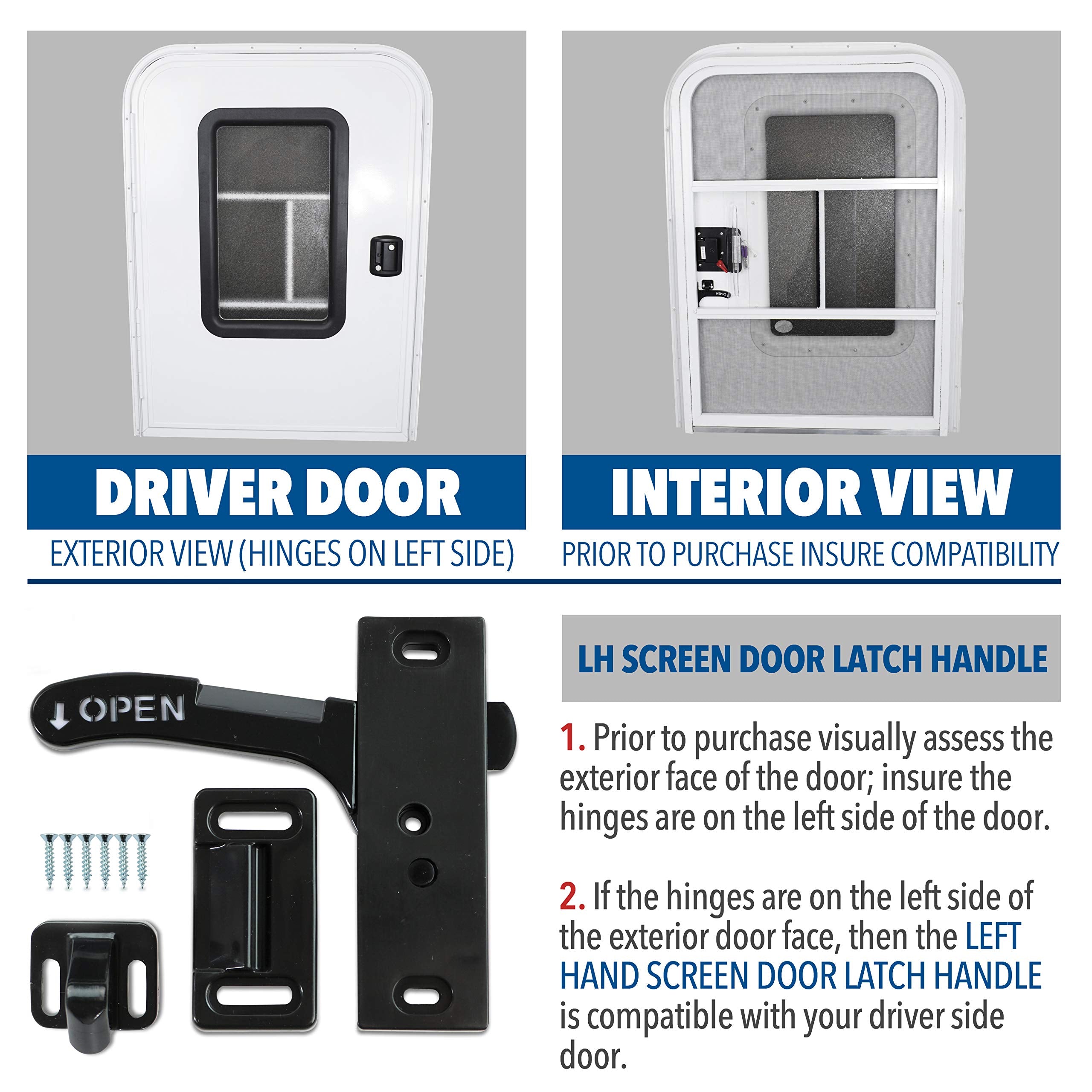 Leisure Coachworks RV- Screen Door Latch Left Hand Handle Kit for Driver Side Door - Camper Motorhome Travel Trailer