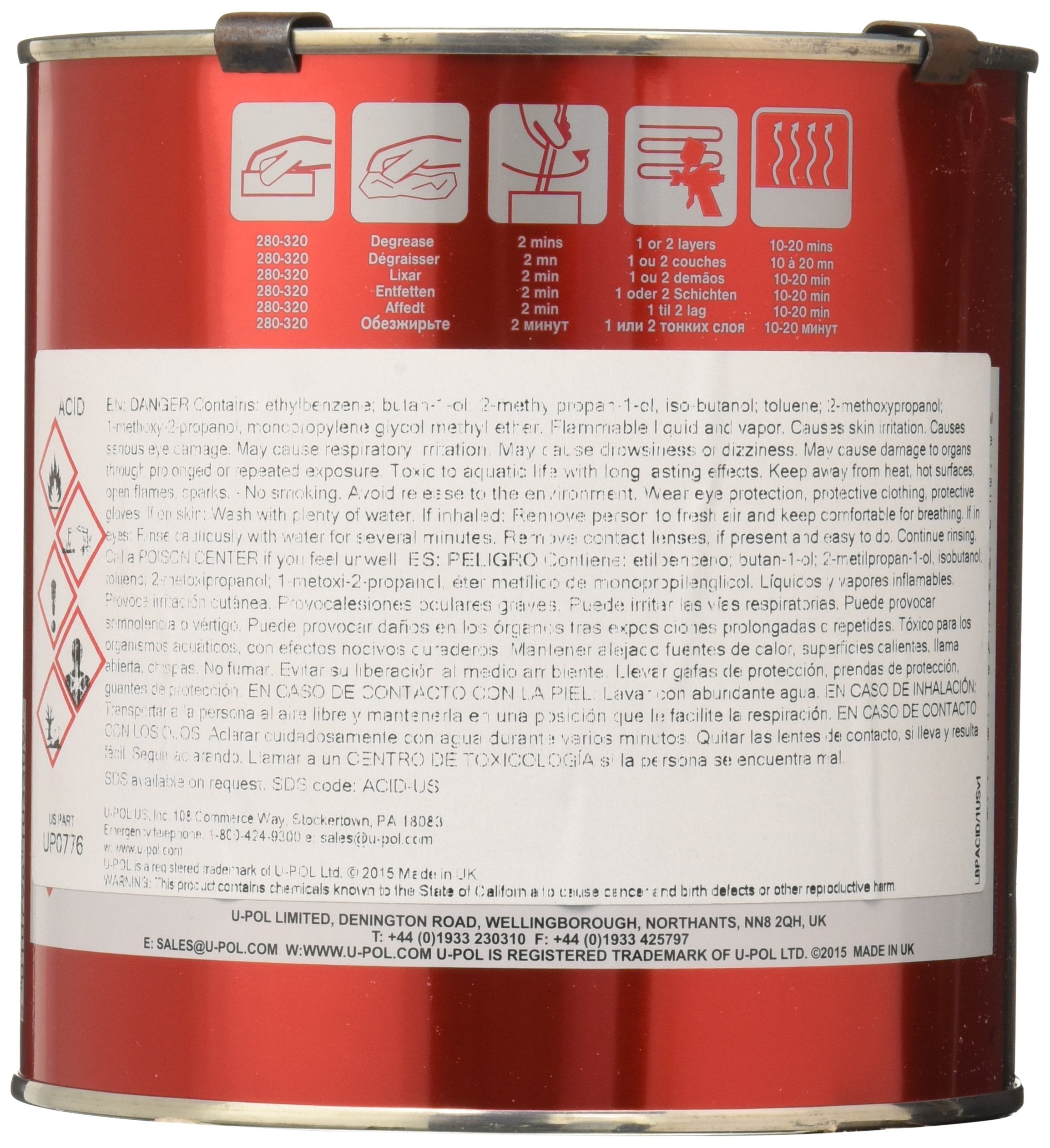 U-POL ACID#8 Acid Etch Primer - Automotive Paint for Bare Metals, 33.8 Fl Oz, Gray, Durable Against Rust & Corrosion, Model 0776