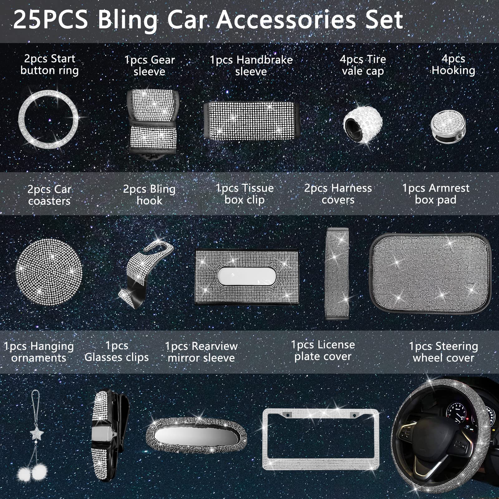 Jingsen 25Pcs Bling Car Parts Set, Car Parts Set Female Plug Universal 15 Inch, Shiny License Plate Frame, Center Console Cover