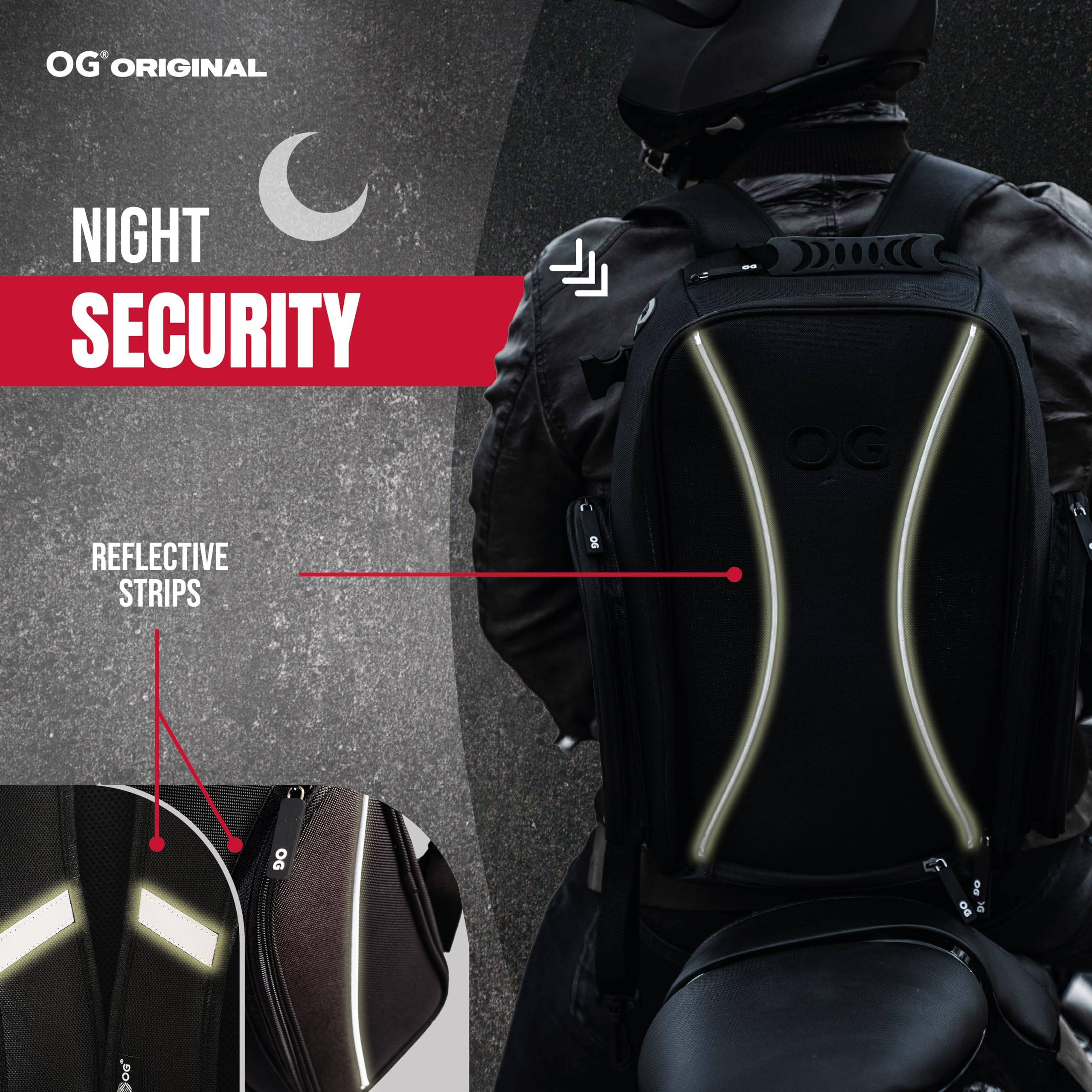 OG Original Motorcycle Backpack GO Black Waterproof, 20L, Motorbike Helmet Strap, Helmet Bag, Cycling Bag, Man, Laptop, Reflecti