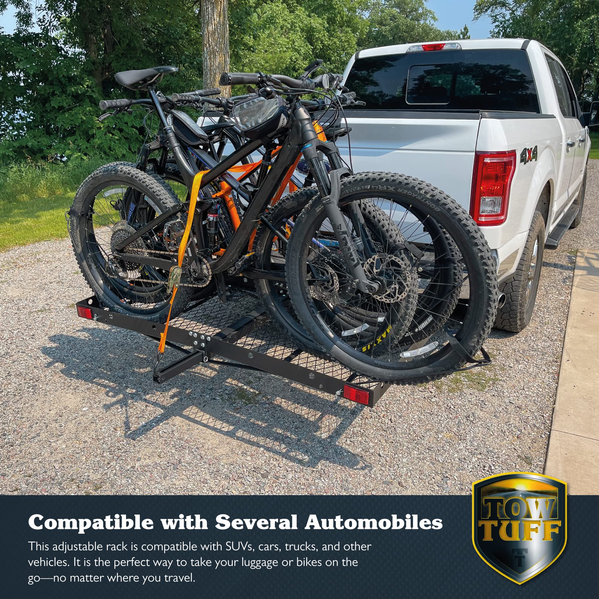 Tow Tuff Steel Cargo Carrier with 4-Bike Rack, 500 lb Capacity, 27"x62", Fits 2" Receiver, Black, Model TTF-2762KR
