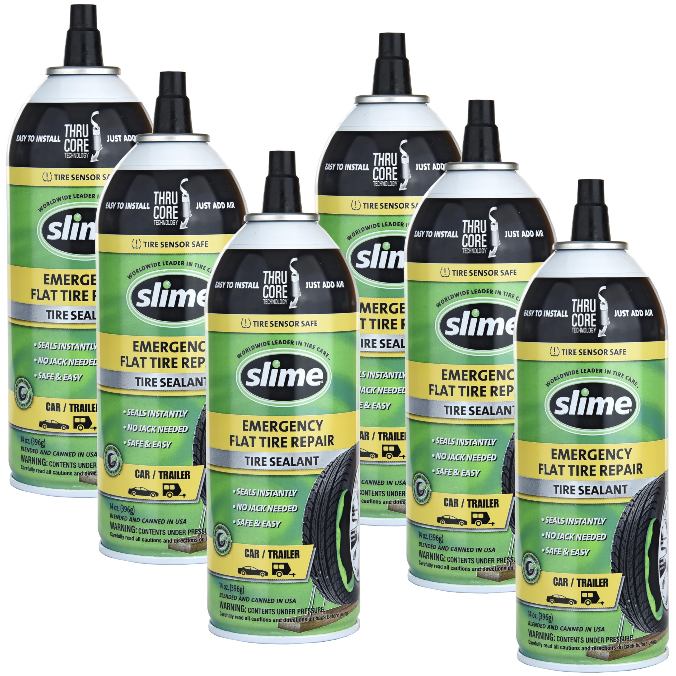 Slime 60186-6Pk Flat Tire Puncture Repair Sealant, Emergency Repair For Highway Vehicles, Suitable For Cars/Trailers, Non-Toxic,