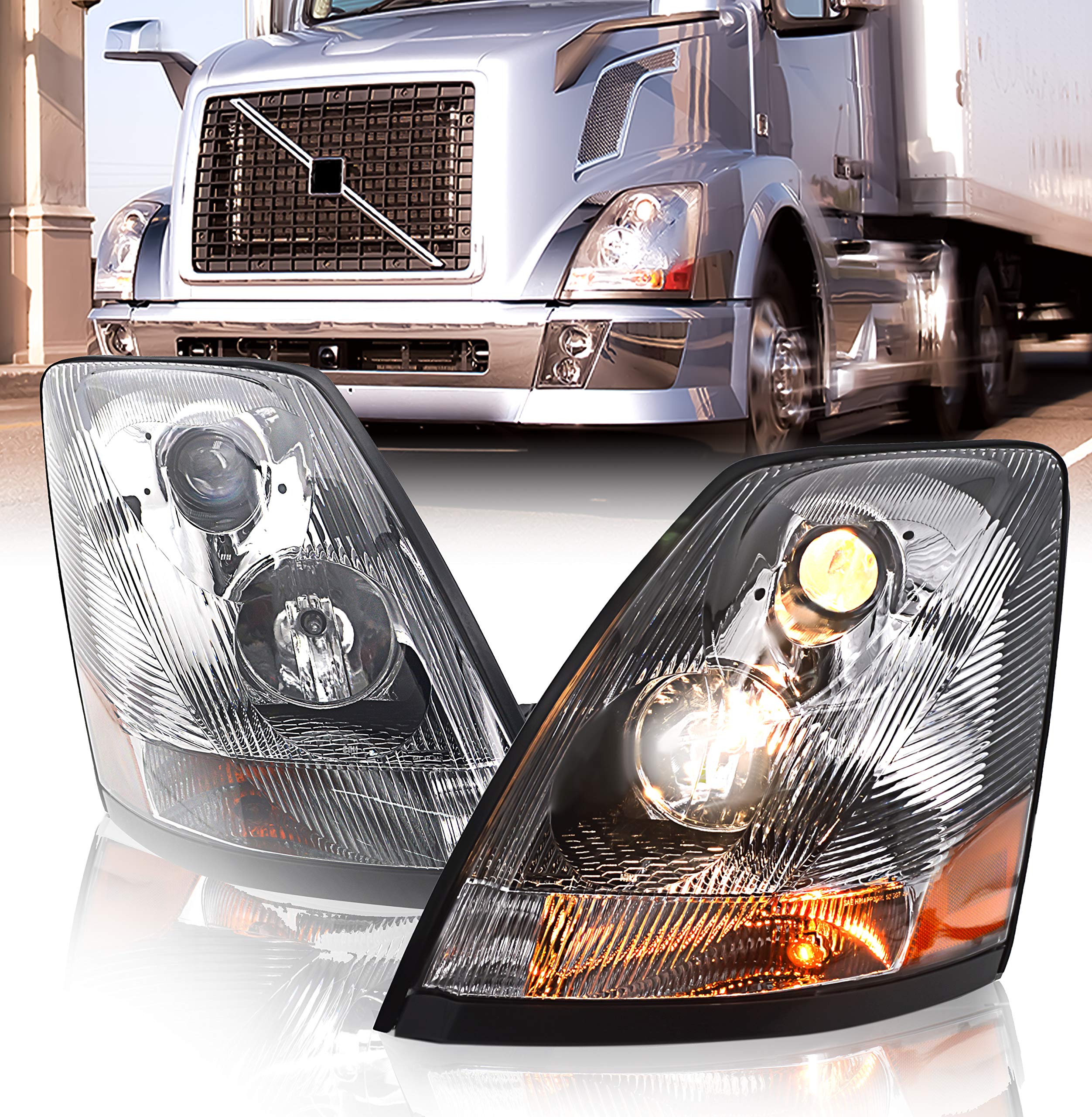 Torque Chrome Headlight Pair Replacement For 2004-2017 Volvo Vnl Semi Trucks [Included All Bulbs] Driver Left And Passenger Right Side Set Assembly Dot Sae Approved Headlamp (Tr063-L, Tr063-R)