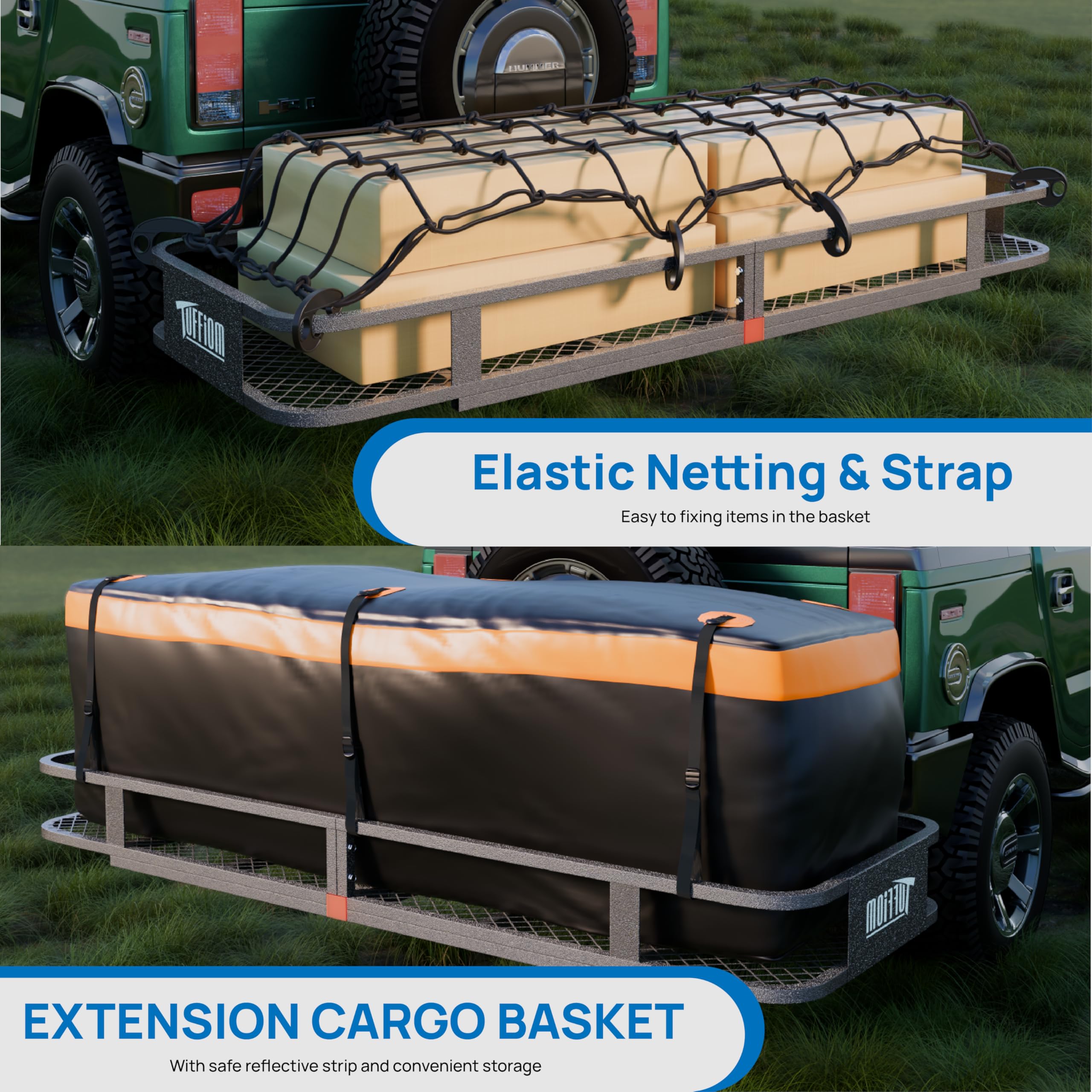 Tuffiom 60''X20''X6'' Folding Hitch Mount Cargo Carrier Basket, 500Lbs Steel Car Cargo Trailer Hitch Luggage Rack With Net, Wate