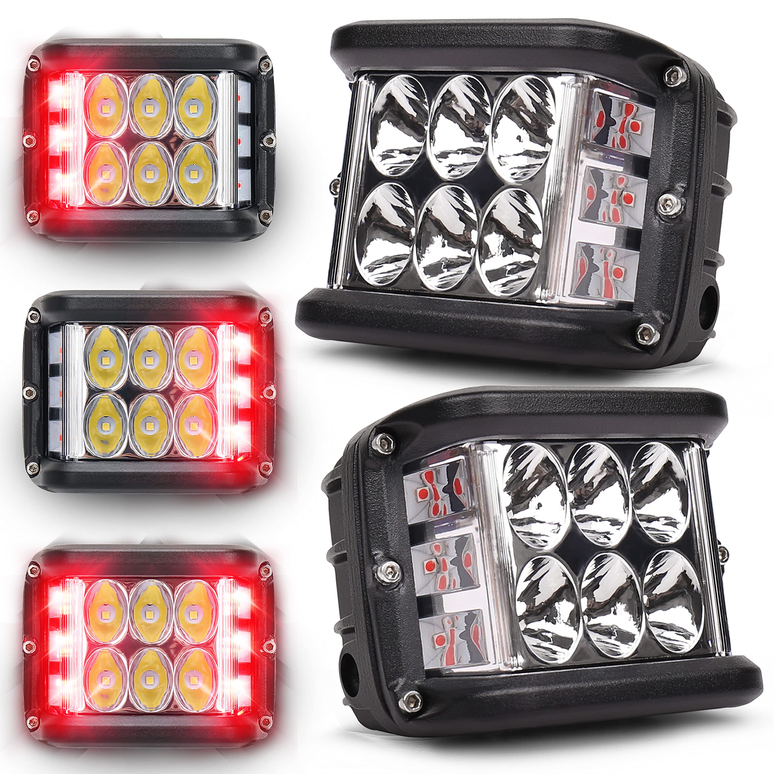 Hoyuza Side Shooter Pod Lights 4 Inch Dual Side Red Strobe Led Cube Lights For Farm Tractor Plow Truck Boat Atv Utv Suv Off-Road