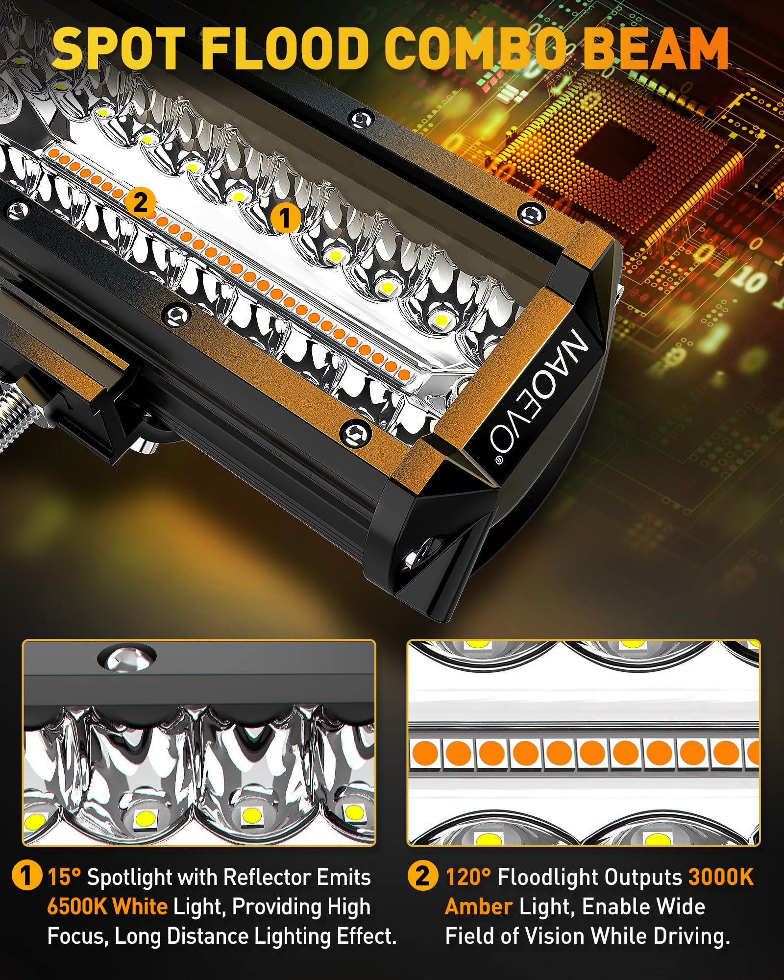 Naoevo 12 Inch Led Light Bar, 300W 30000Lm Led Offroad Fog/Driving Lights With 2 Leads Wiring Harness, Spot & Flood Combo, Work