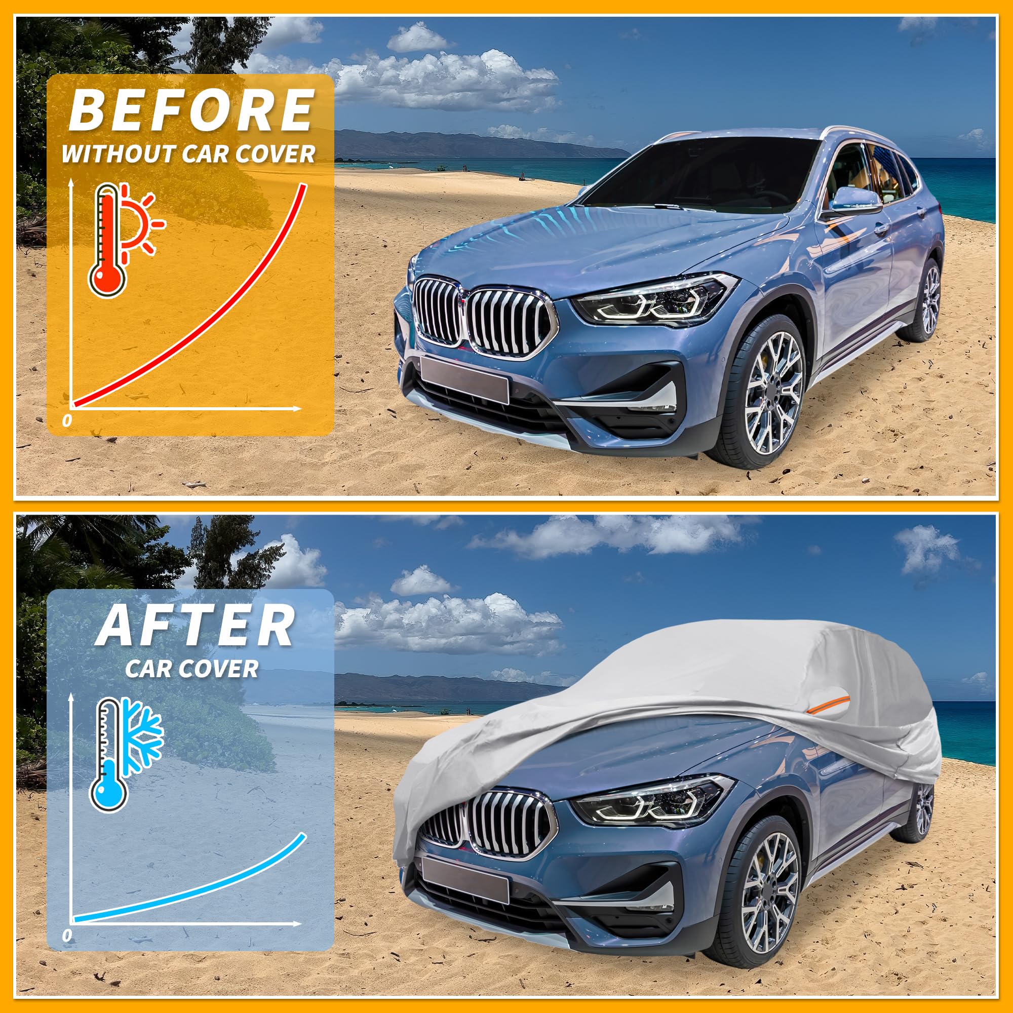 Partuto Universal Car Cover Waterproof All Weather 190T-PU, UV Sun Rain Protection, Fits for SUV Length Up to 181'', with Left S