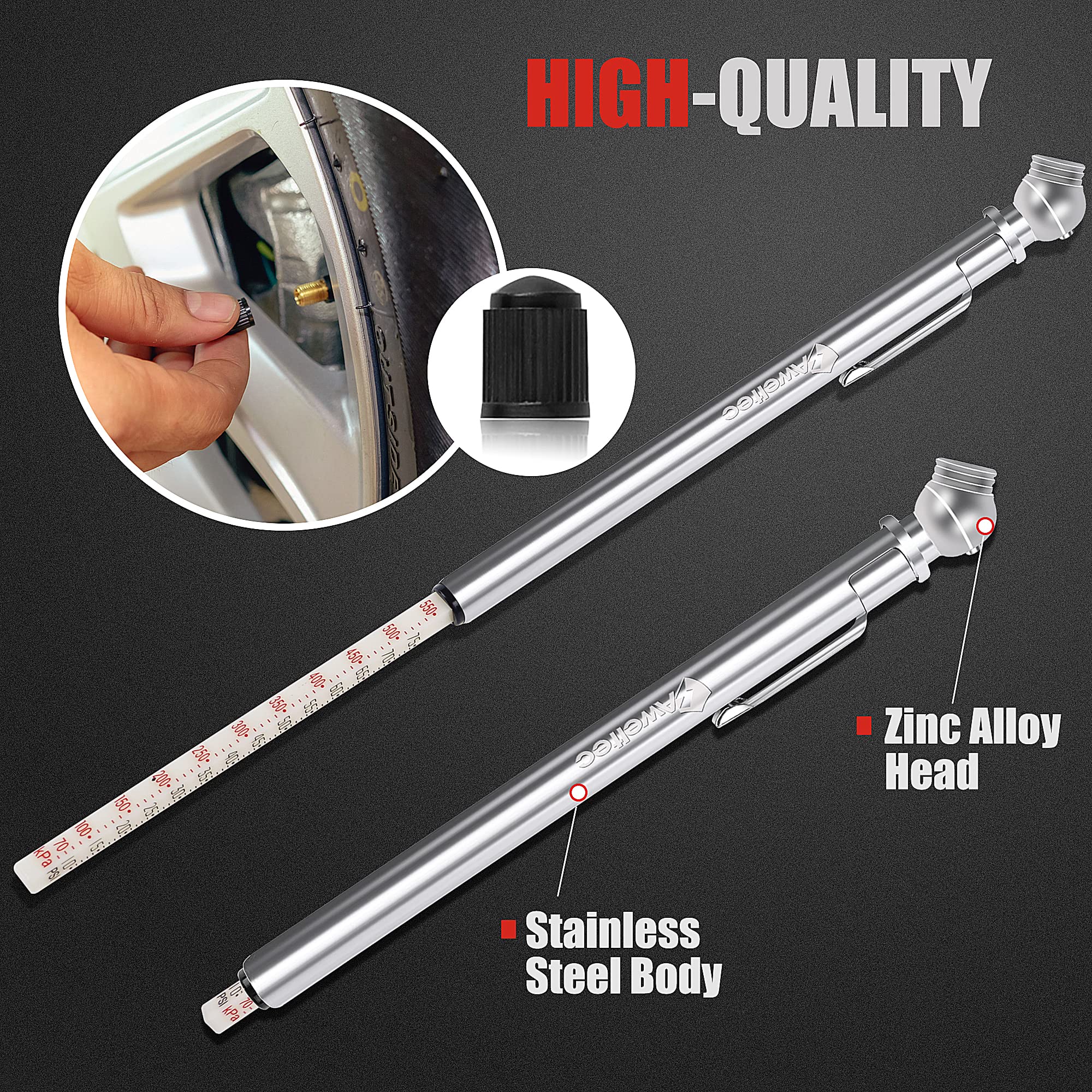 Aweltec Pencil Tire Pressure Gauge (10-75Psi) Stainless Steel Body And Metal Made Nozzle 3 Measurements For Cars, Pickups, Rvs,