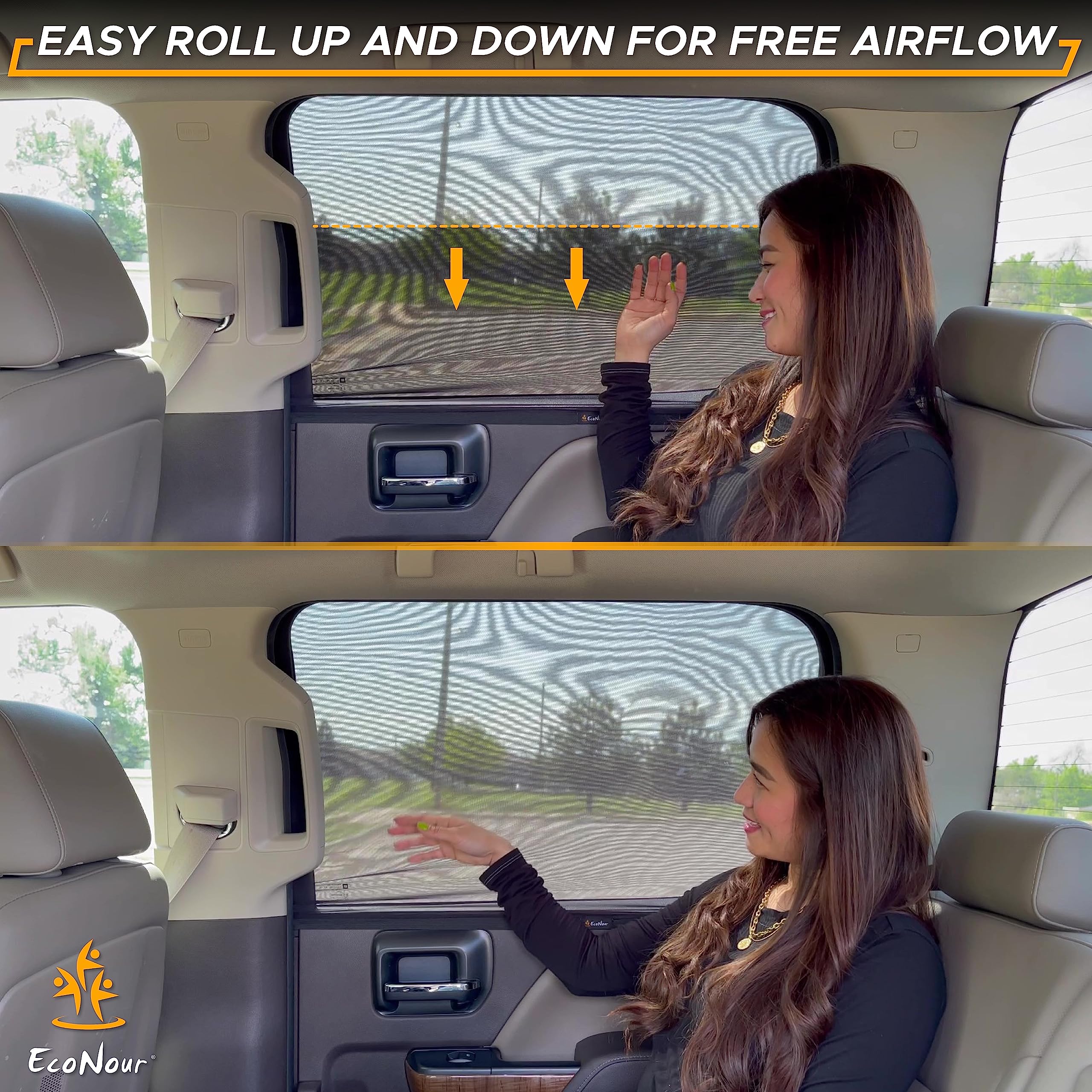 Econour Car Side Window Sun Shade (Pack Of 2) | Stretchable & Breathable Car Window Screens For Complete Sun & Privacy Protection | Fits Most Truck, Suv And Minivan (Xl 42 X 24)