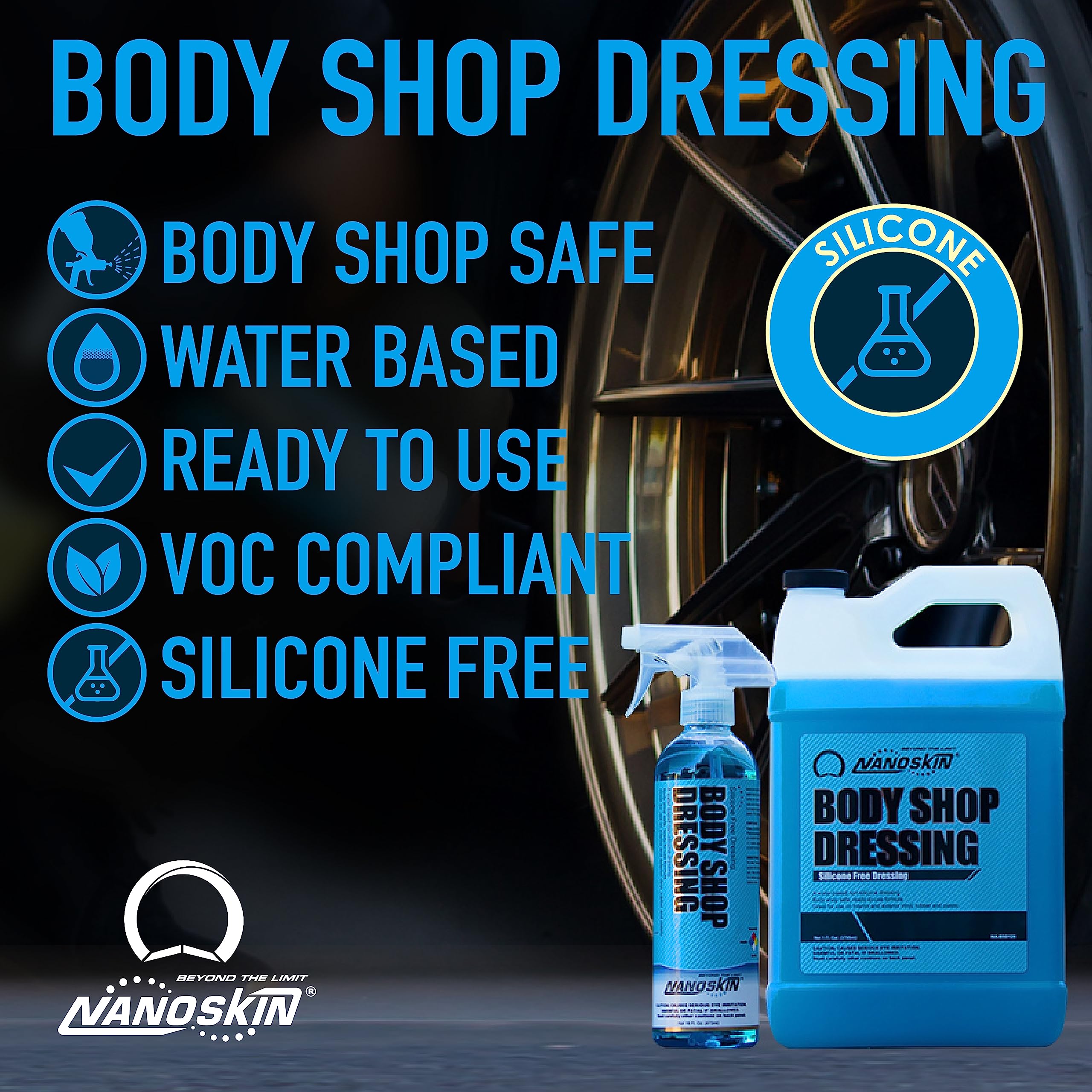 Nanoskin Body Shop Dressing 5 Gallons - Body Shop Safe, Silicone Free Formula | Restores Deep Black Color on Exterior Tires, Vin
