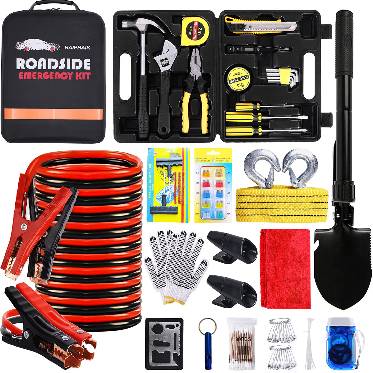HAIPHAIK Car Emergency Roadside Kit - Roadside Assistance Emergency Kit, Car Emergency Kit with Jumper Cables, Safety Kits for C