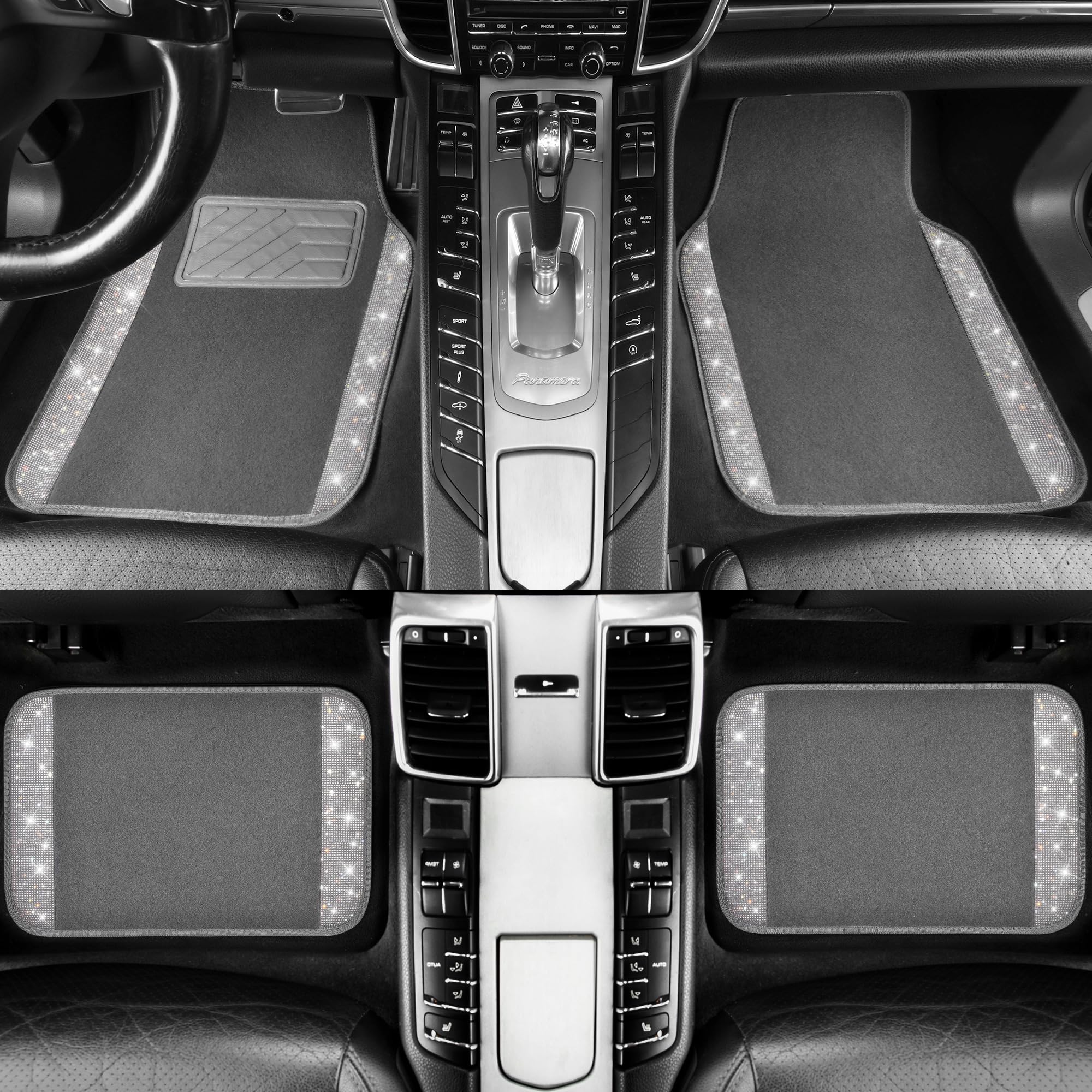 Car Pass Bling Car Mats Shining Diamond Carpet Crystal Rhinestones Sparkly Glitter Floor Mats With Anti-Slip Pvc Heel Pad Universal Fit For Automotive Suv, Sedan, Car, Van, 4Pcs For Girl Women, Gray