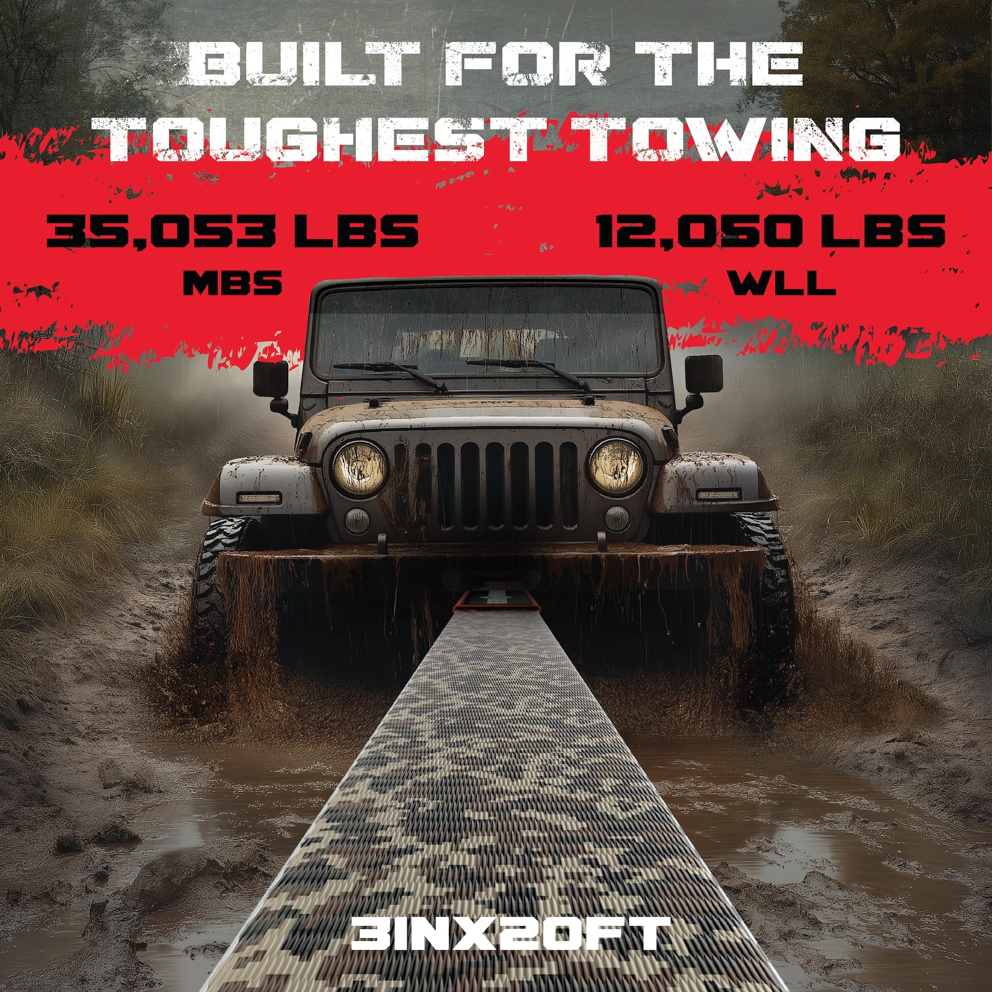 Gearamerica Heavy Duty 3''X20' Tow & Winch Strap - 35,053Lbs Tree Saver, Break Strength Recovery Rope For Offroad & Towing - Wea