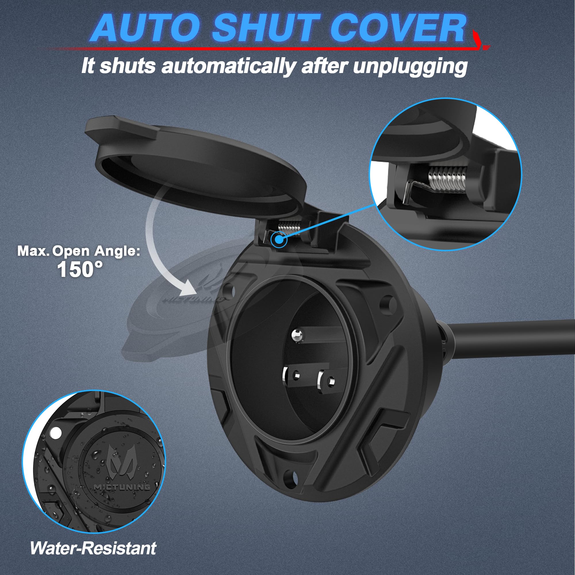 Mictuning 10A-15A Ac Port Plug, 125V Power Inlet Socket With Integrated 20-Inch Extension Cord & Waterproof Auto Shut Cover, Cab