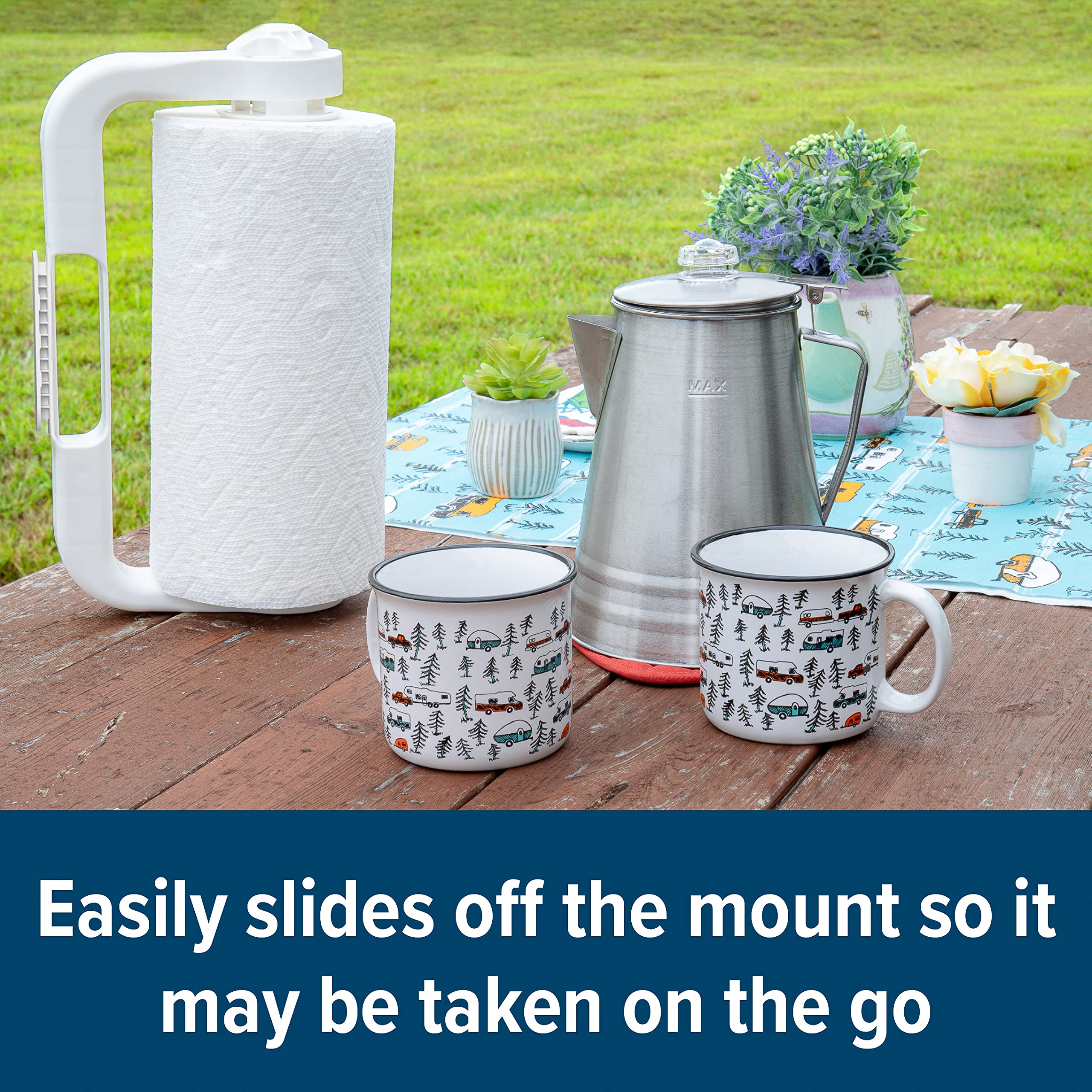 Camco Paper Towel Holder | Ideal For Compact Areas | Features Mountable Design And Adjustable Side Knob | Black (57115)