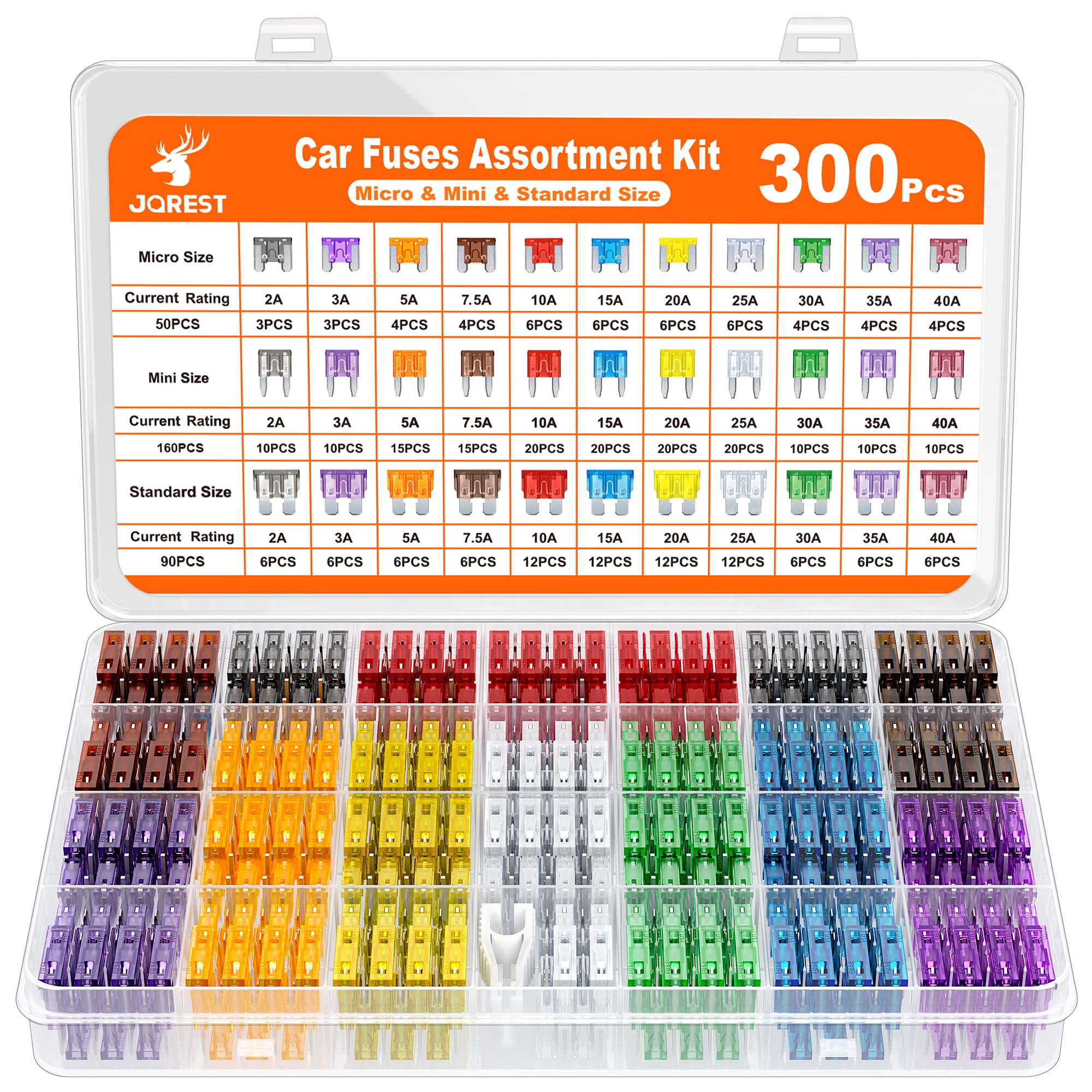 JOREST 300Pcs Car Fuse Assortment Kit, 160 Mini Blade Fuses Automotive + 90 Standard Auto Fuses + 50 Micro Fuse + Fuse Puller -