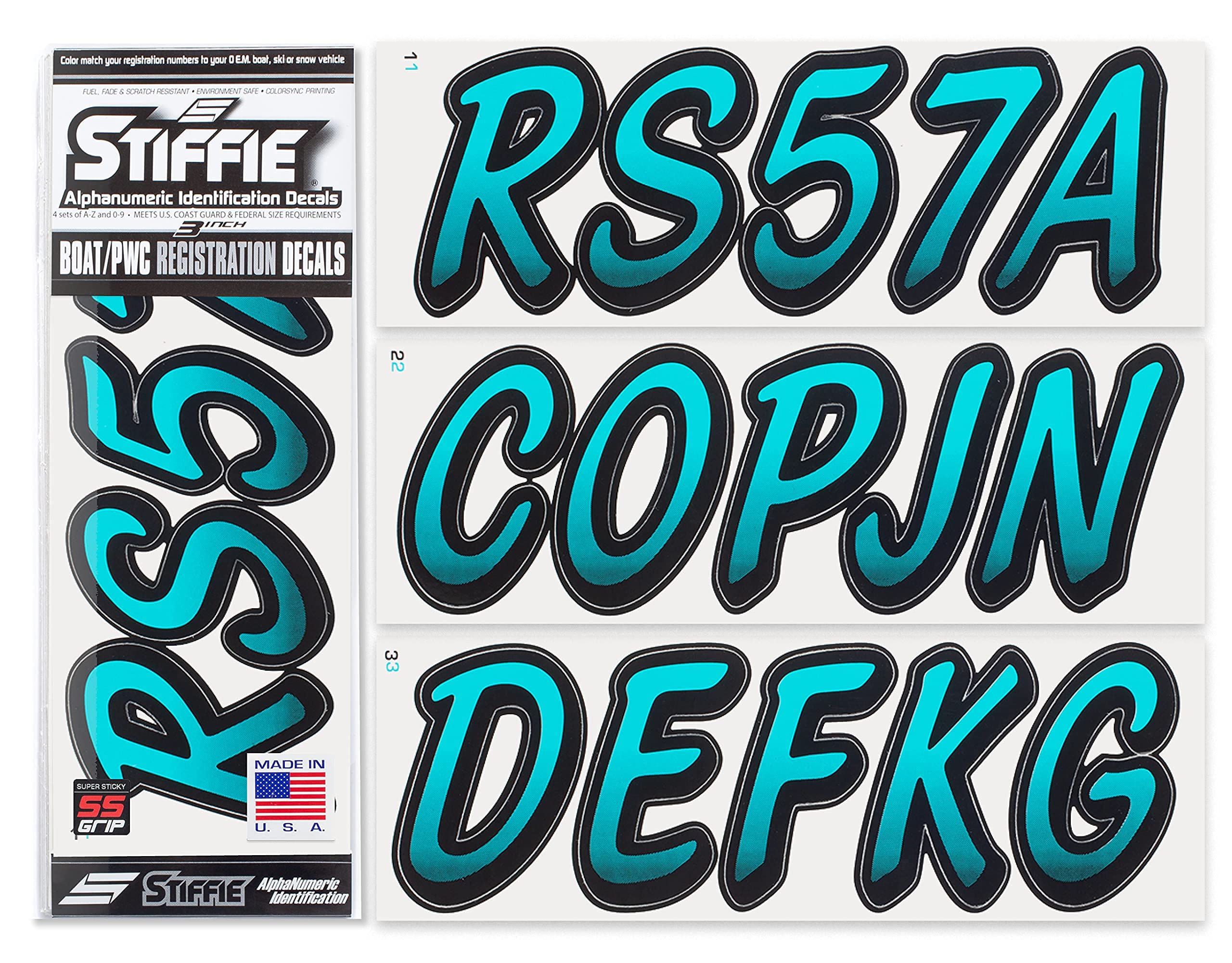 STIFFIE Whipline Candy Blue/Black 3'' Super Sticky Boat & PWC Registration Decals  Numbers Letters Stickers