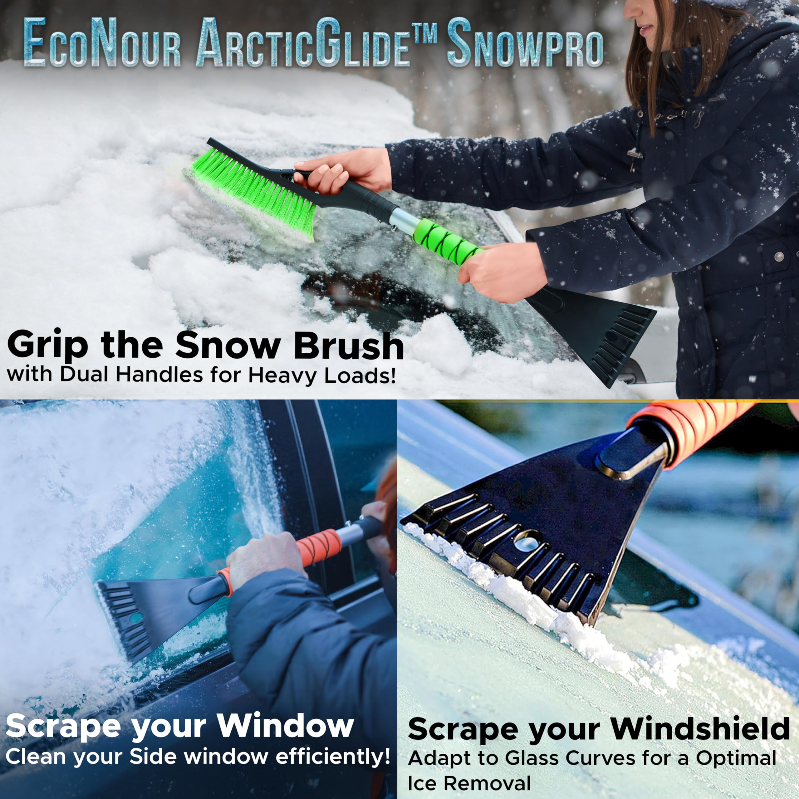 Econour 27'' Aluminum Snow Brush 4 Pack With Ice Scrapers For Car Windshield And Window | Car Snow Scraper And Brush With Ergono