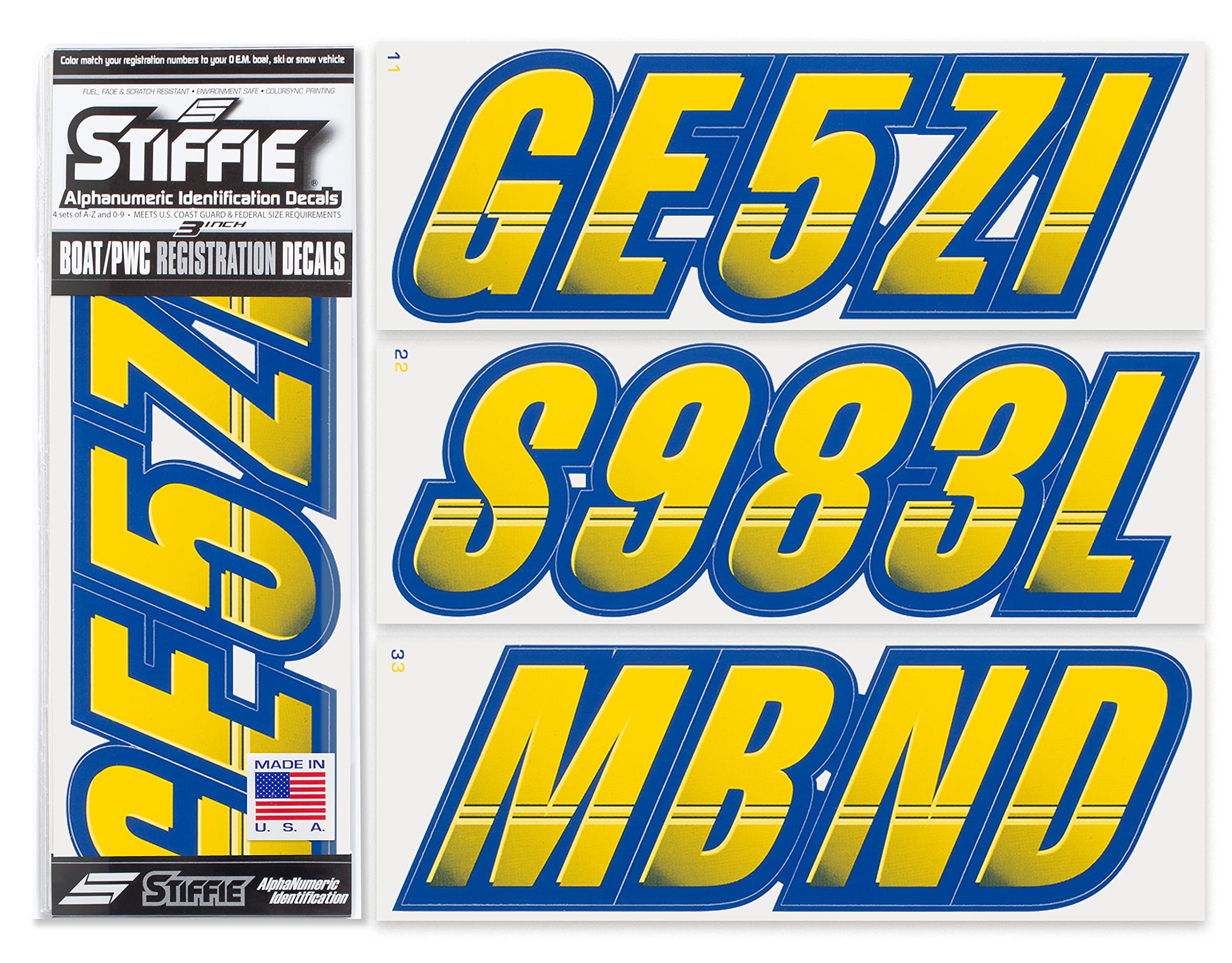 Stiffie Techtron Yellow/Navy 3 '' Boat & Pwc Registration Decals  Numbers Letters Stickers