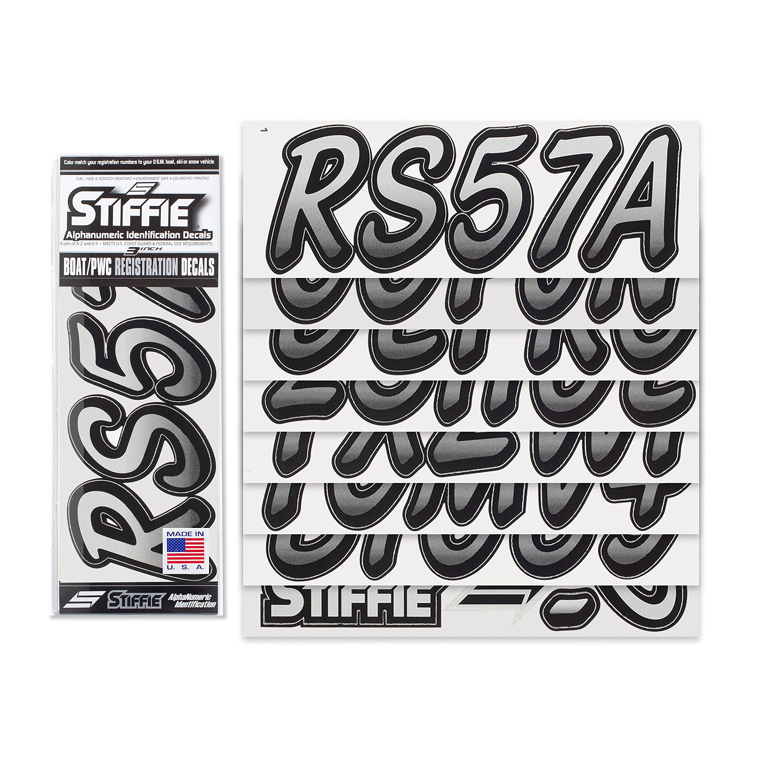 STIFFIE Whipline Metallic Silver/Black 3'' Boat & PWC Registration Decals  Numbers Letters Stickers
