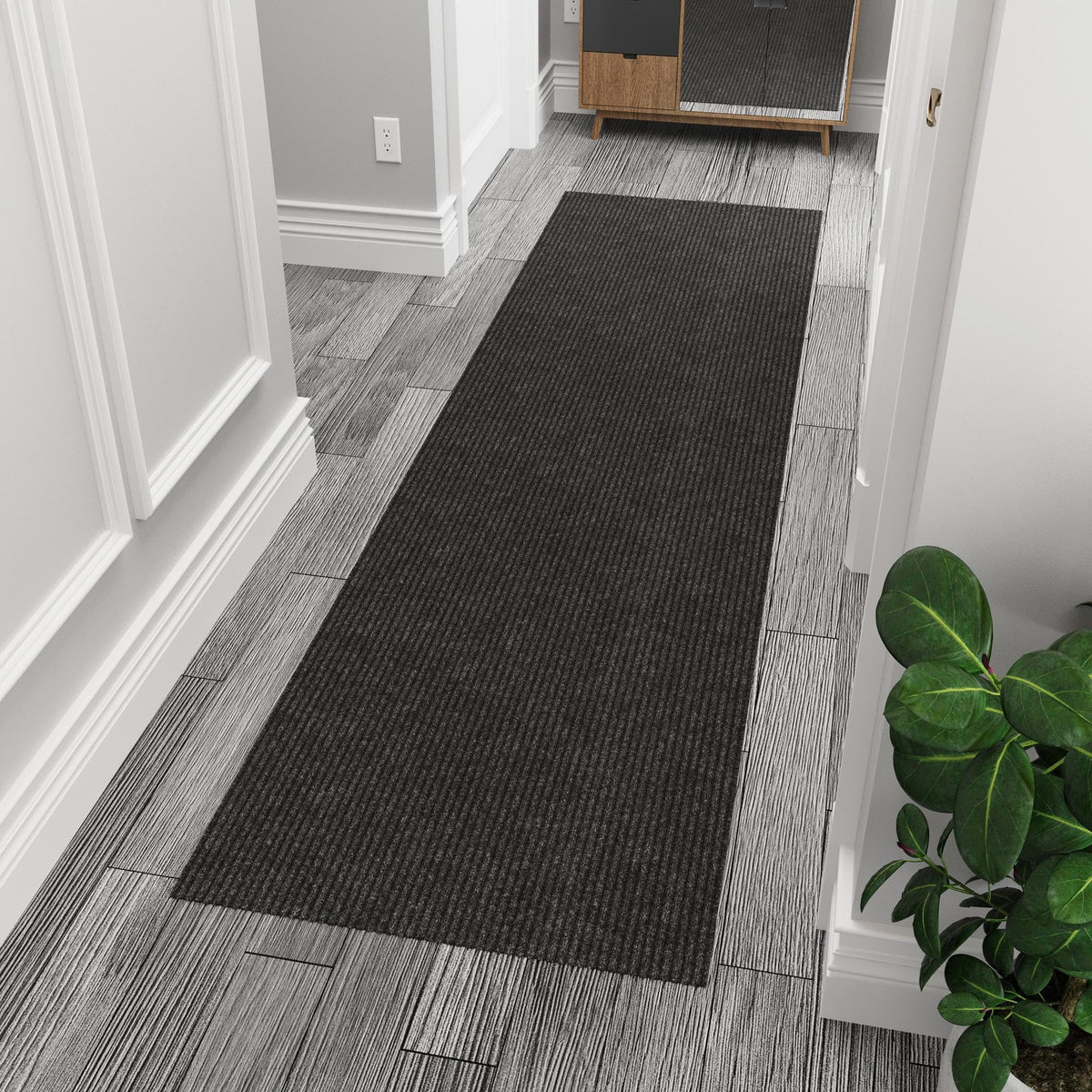 Ottomanson Scrabe Rib Collection Waterproof Non-Slip Rubberback Solid Design 3X10 Indoor/Outdoor Runner Rug, 2'7'' X 9'10'', Bla