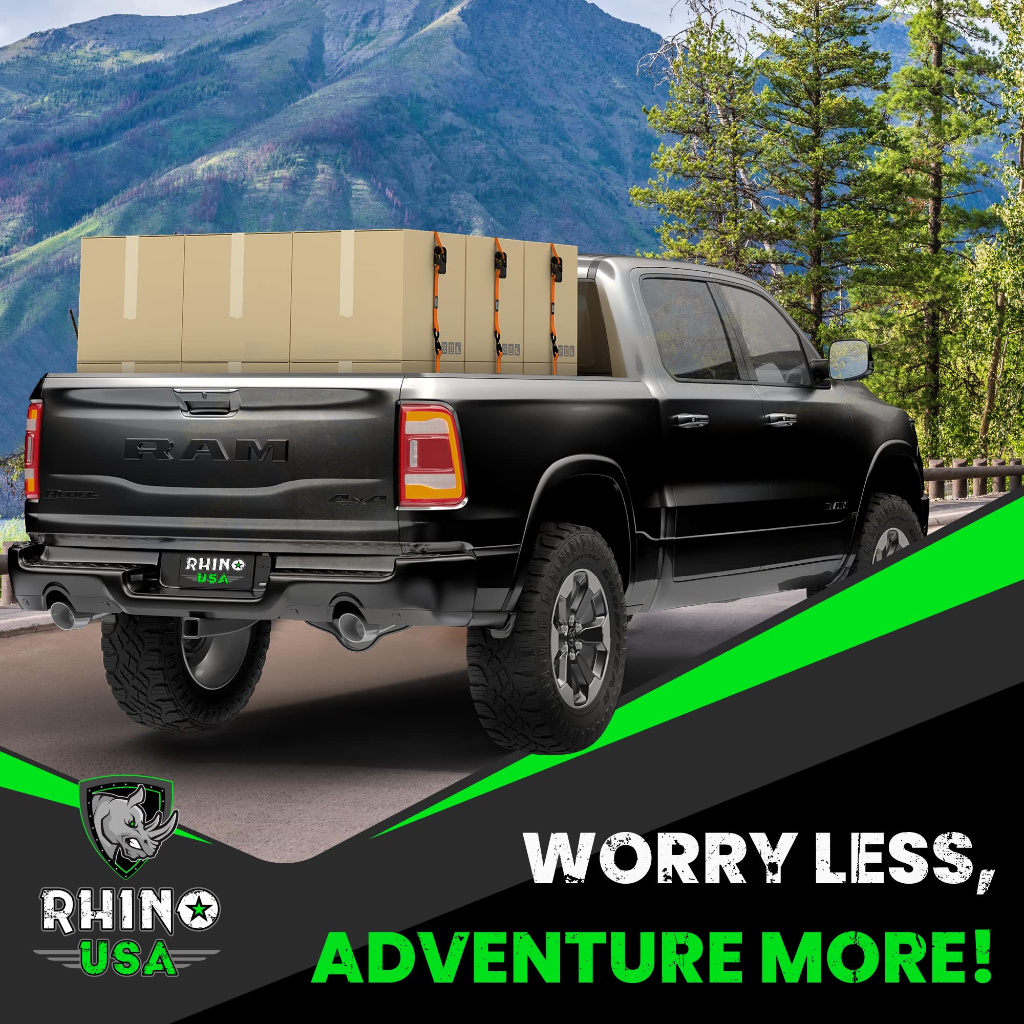 Rhino Usa Ratchet Tie Down Straps (4Pk) - 1,823Lb Guaranteed Max Break Strength, Includes (4) Premium 1 X 15' Rachet Tie Downs With Padded Handles. Best For Moving, Securing Cargo (Black 4-Pack)