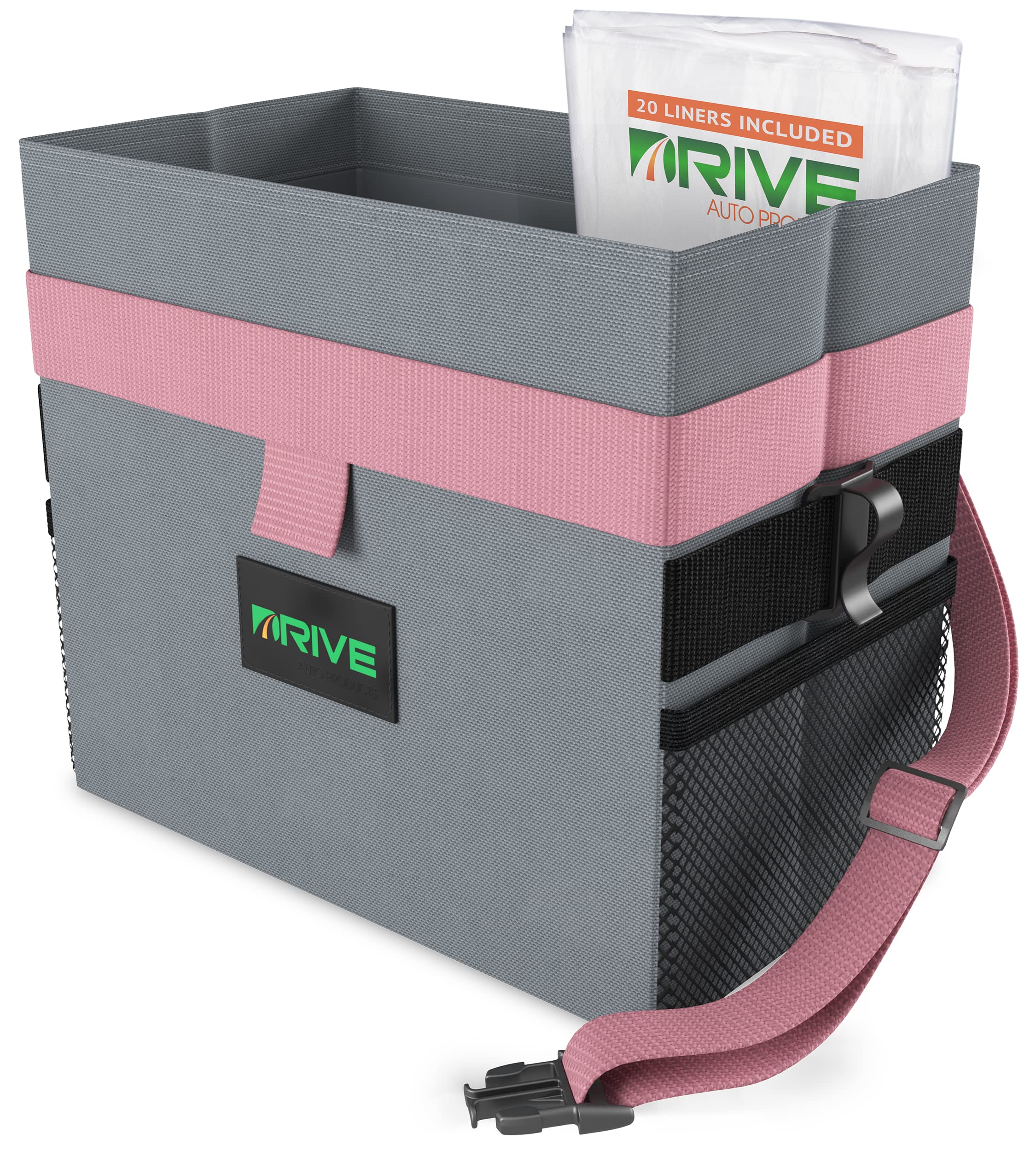 Drive Auto Car Trash Can - Leakproof, Hanging Garbage Bin With 20 Trash Bags And Pink Adjustable Strap - Truck & Car Accessories