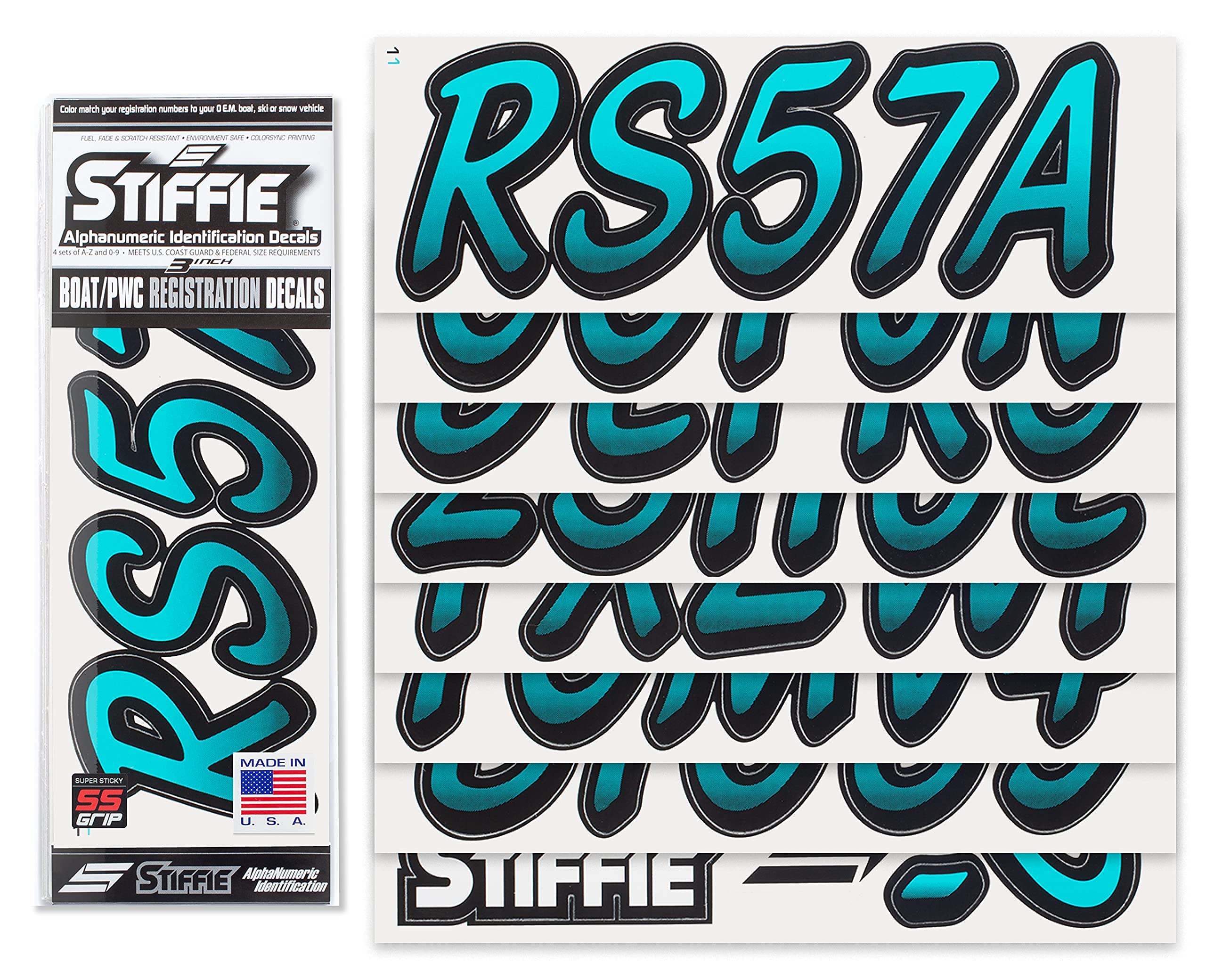 STIFFIE Whipline Candy Blue/Black 3'' Super Sticky Boat & PWC Registration Decals  Numbers Letters Stickers