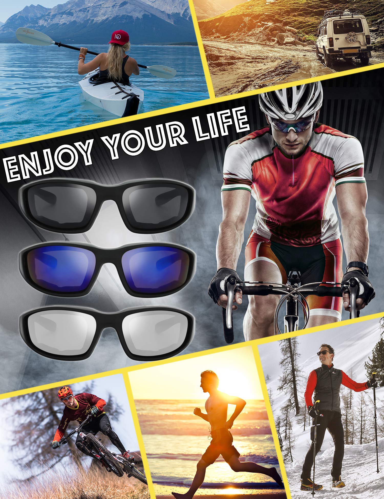 The Fresh Motorcycle Riding Glasses Padded Frame Lens Block 100% UVB for Outdoor Activity Sport (1403-Matte Black, Grey, Blue Mi