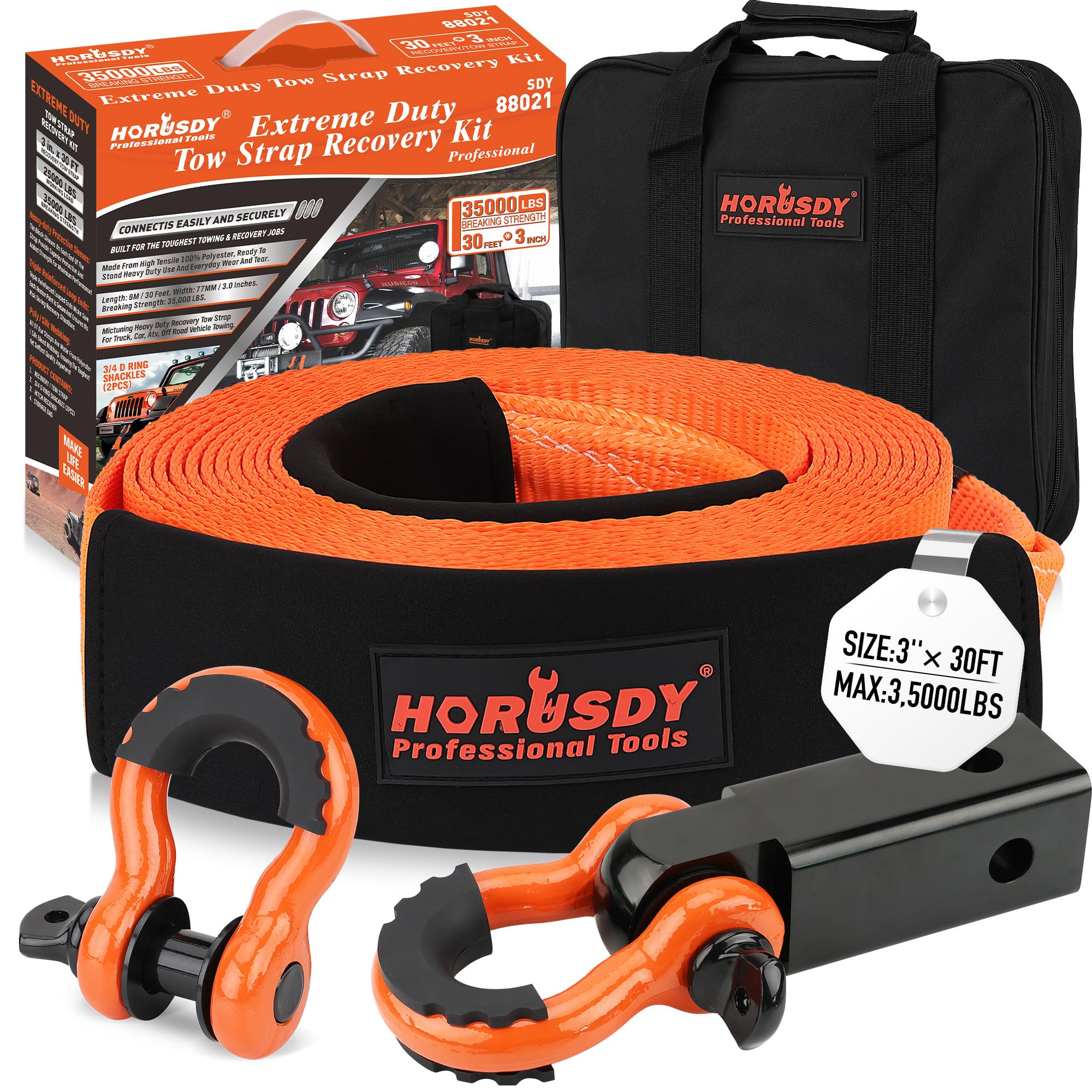 Horusdy Nylon Heavy Duty Tow Strap Recovery Strap With Hooks 3'' X 30Ft - 35,000 Lbs Break Strength, 2'' Shackle Hitch Receiver