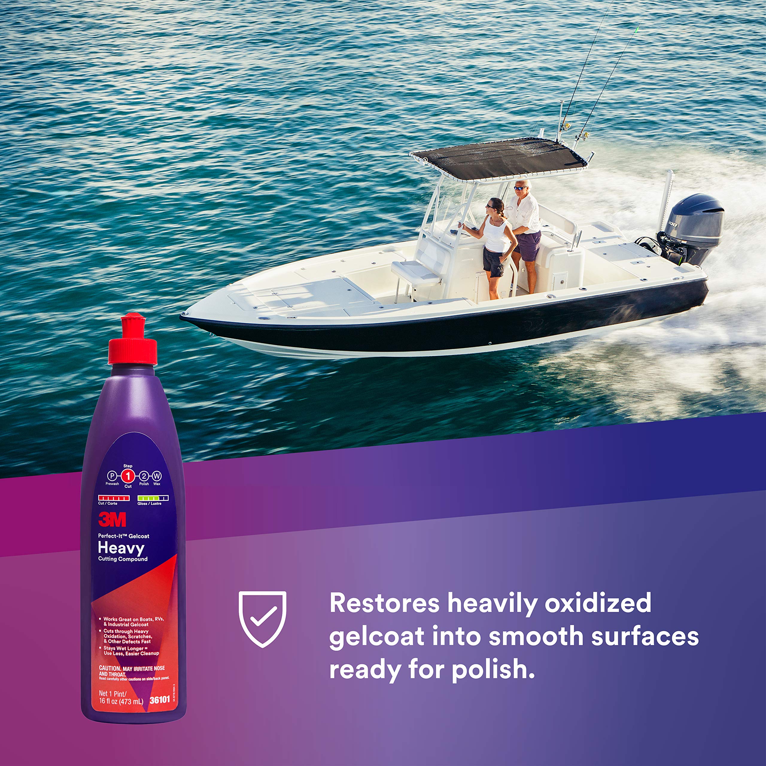 3M Perfect-It Gelcoat Heavy Cutting Compound, 36101, 1 Pint, Fiberglass Oxidation Remover For Boats And Rvs , Red