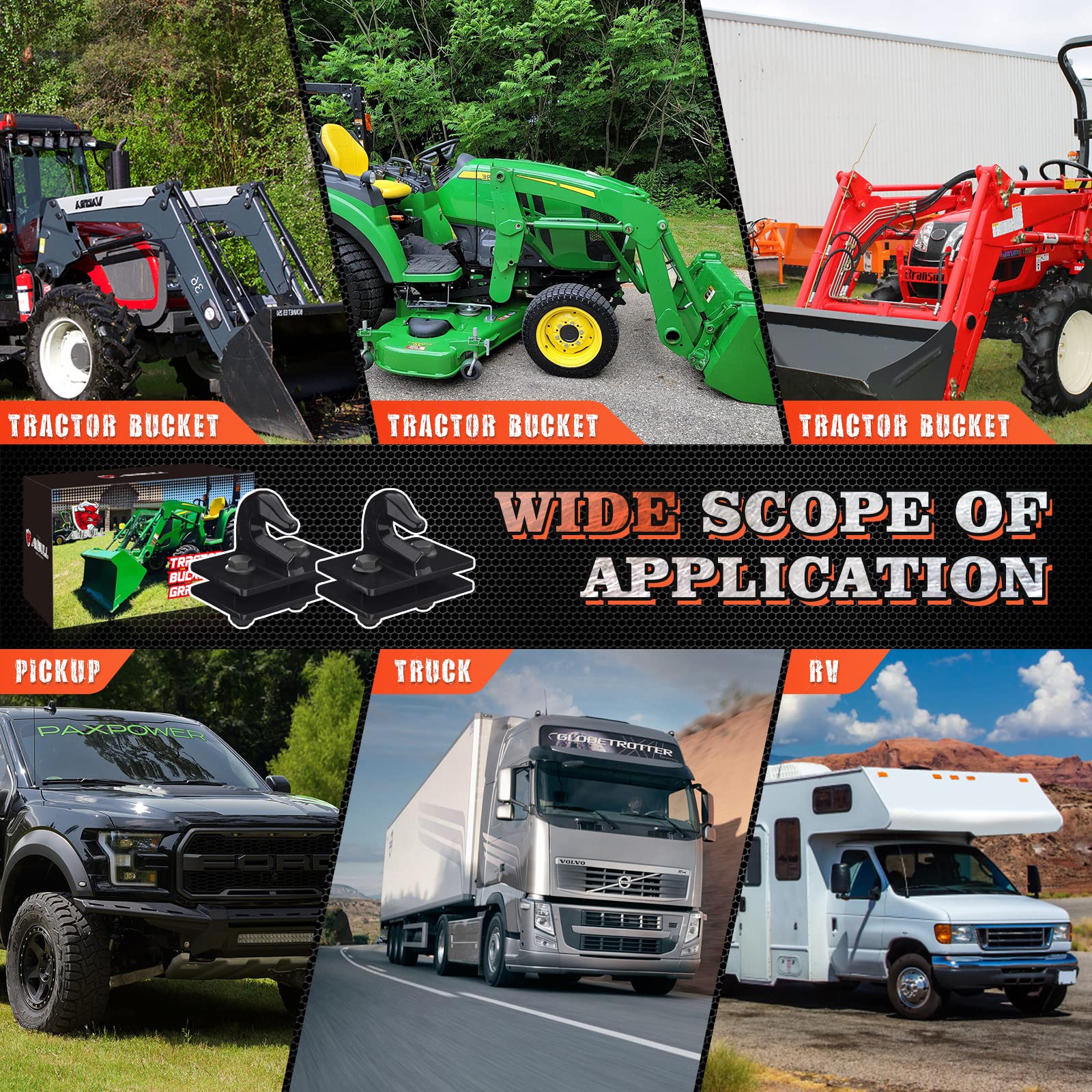 AMBULL 2 Pack 3/8'' Tractor Bucket Grab Hook Grade 70 Forged Steel Bolt On Grab Hook Tow Hook Mount with Backer Plate,Work Well