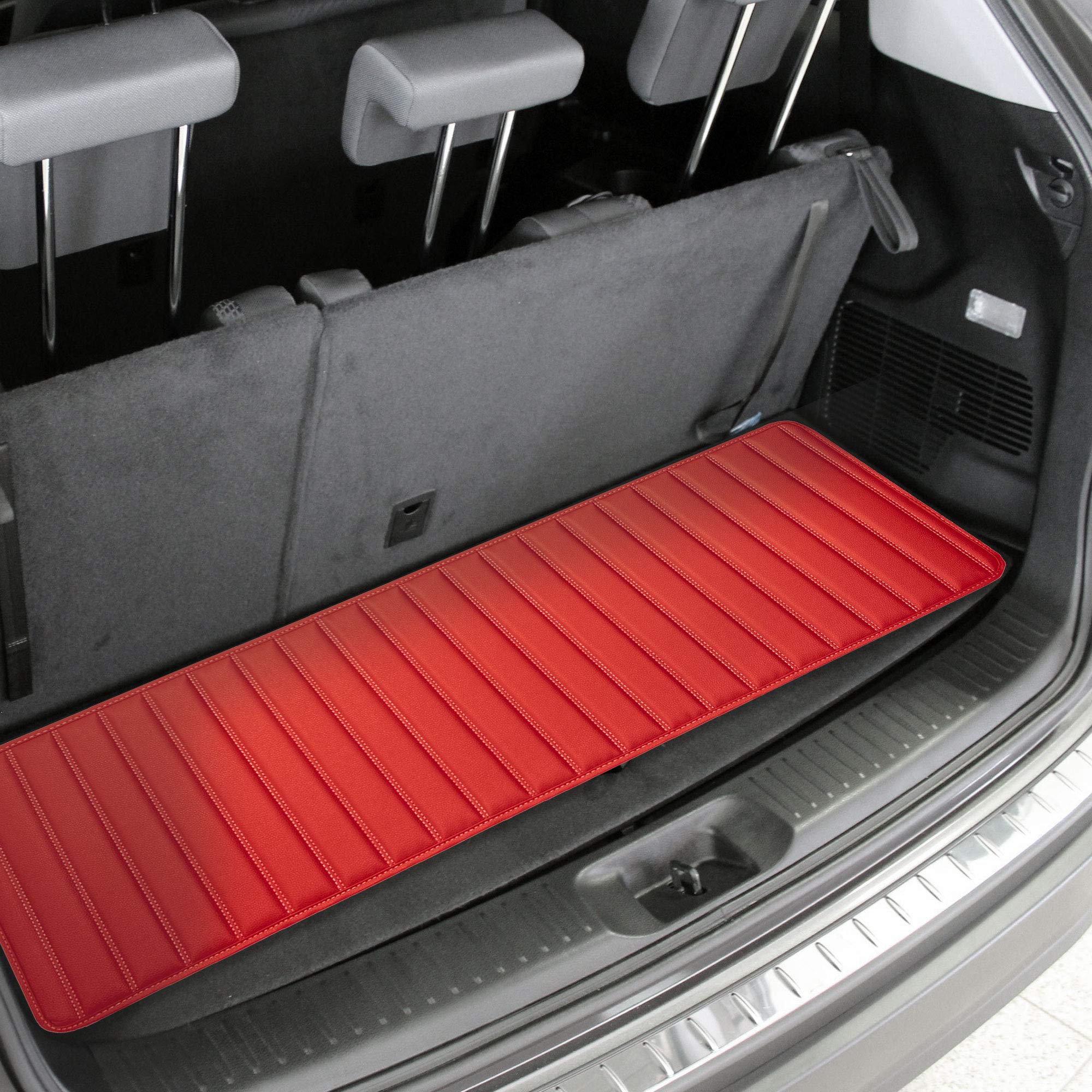 Fh Group F16500 Deluxe Heavy-Duty Faux Leather Multi-Purpose Cargo Liner, Striped, 14   , Red Color W. Gift- Fit Most Car, Truck