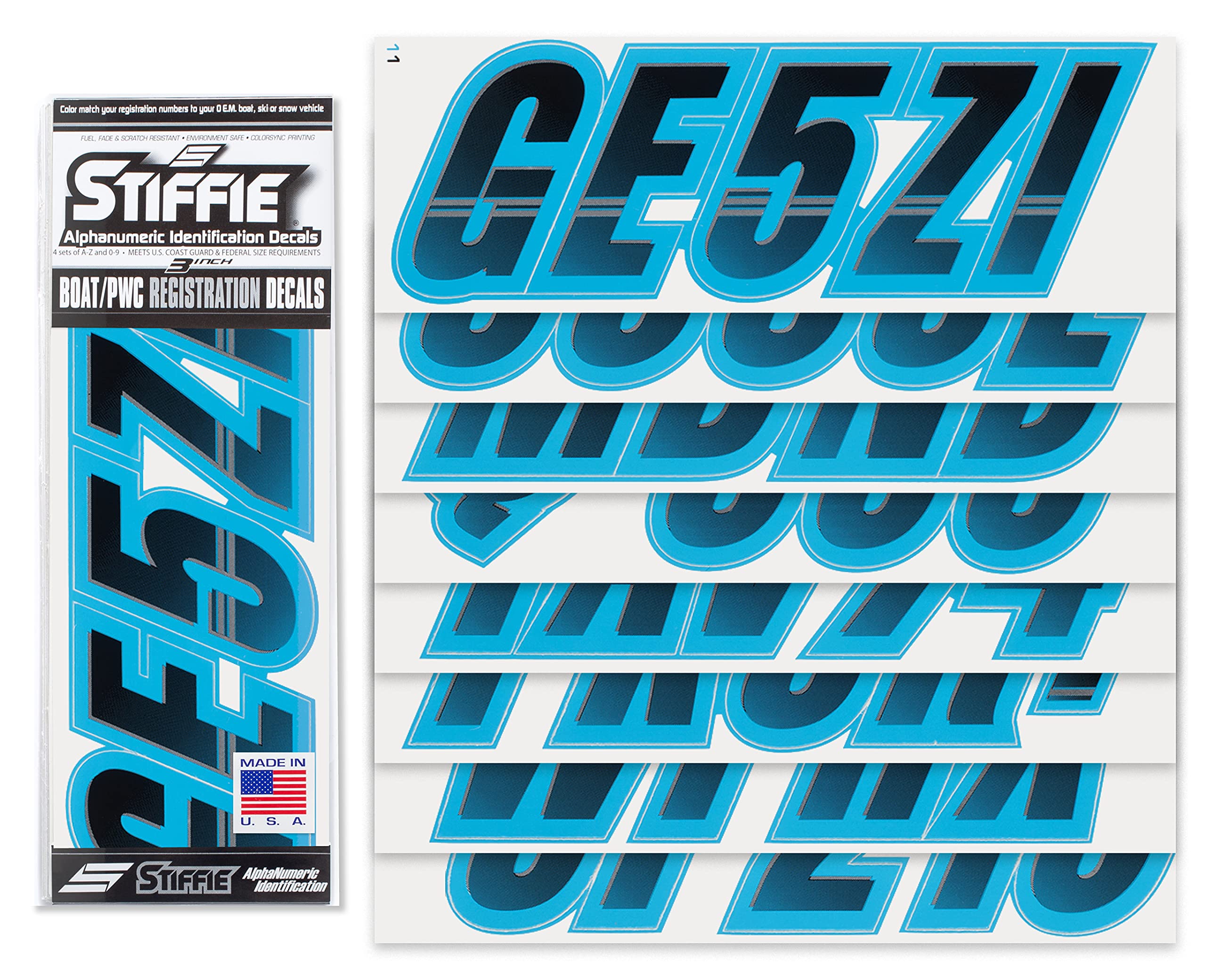 Stiffie Techtron Black/Sky Blue 3 '' Boat & Pwc Registration Decals  Numbers Letters Stickers