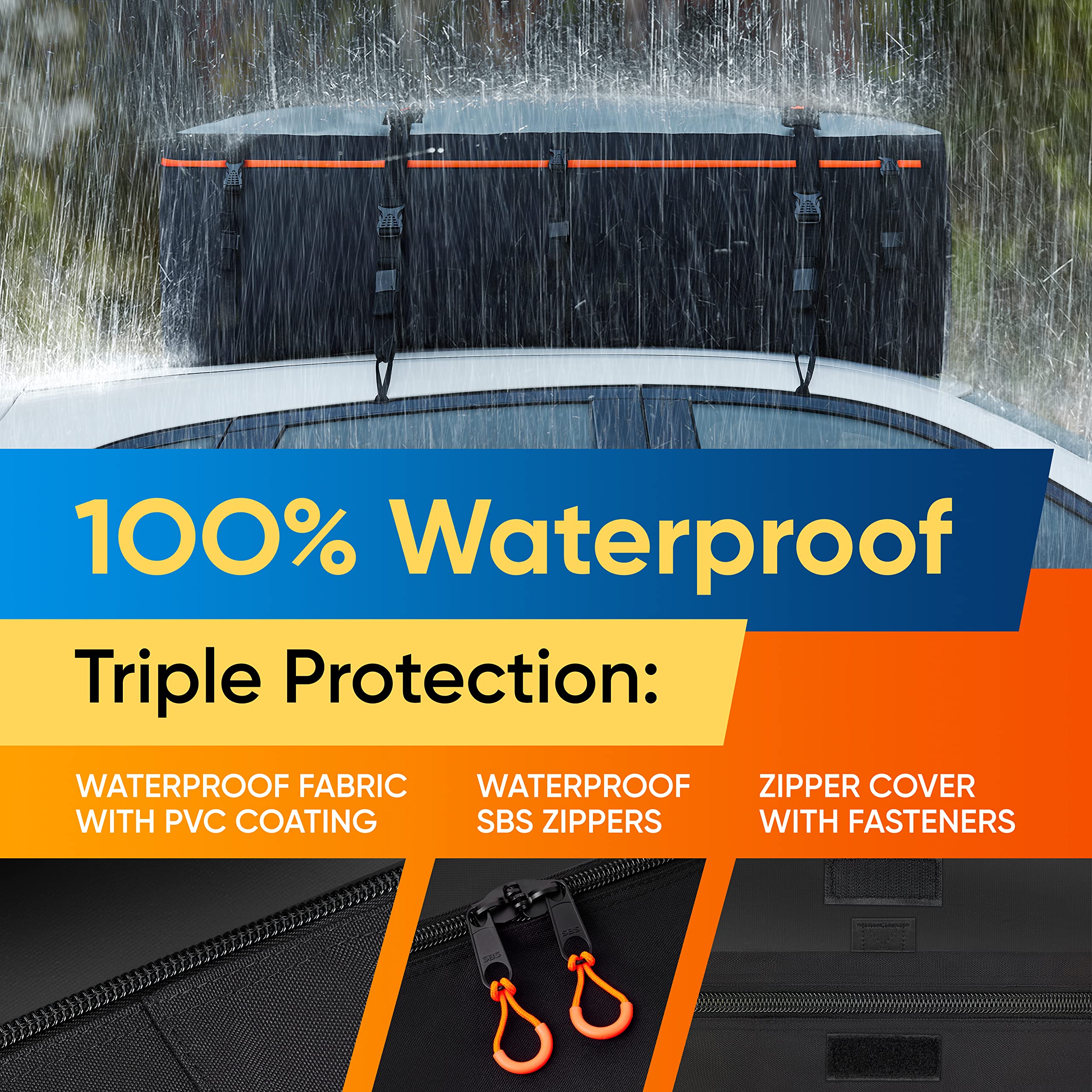 Bagmate Military-Grade Waterproof Roof Bag - Rooftop Cargo Carrier - 19 Cubic Feet. (540L) With 4 Door Hooks, Zipper/Buckle Clos