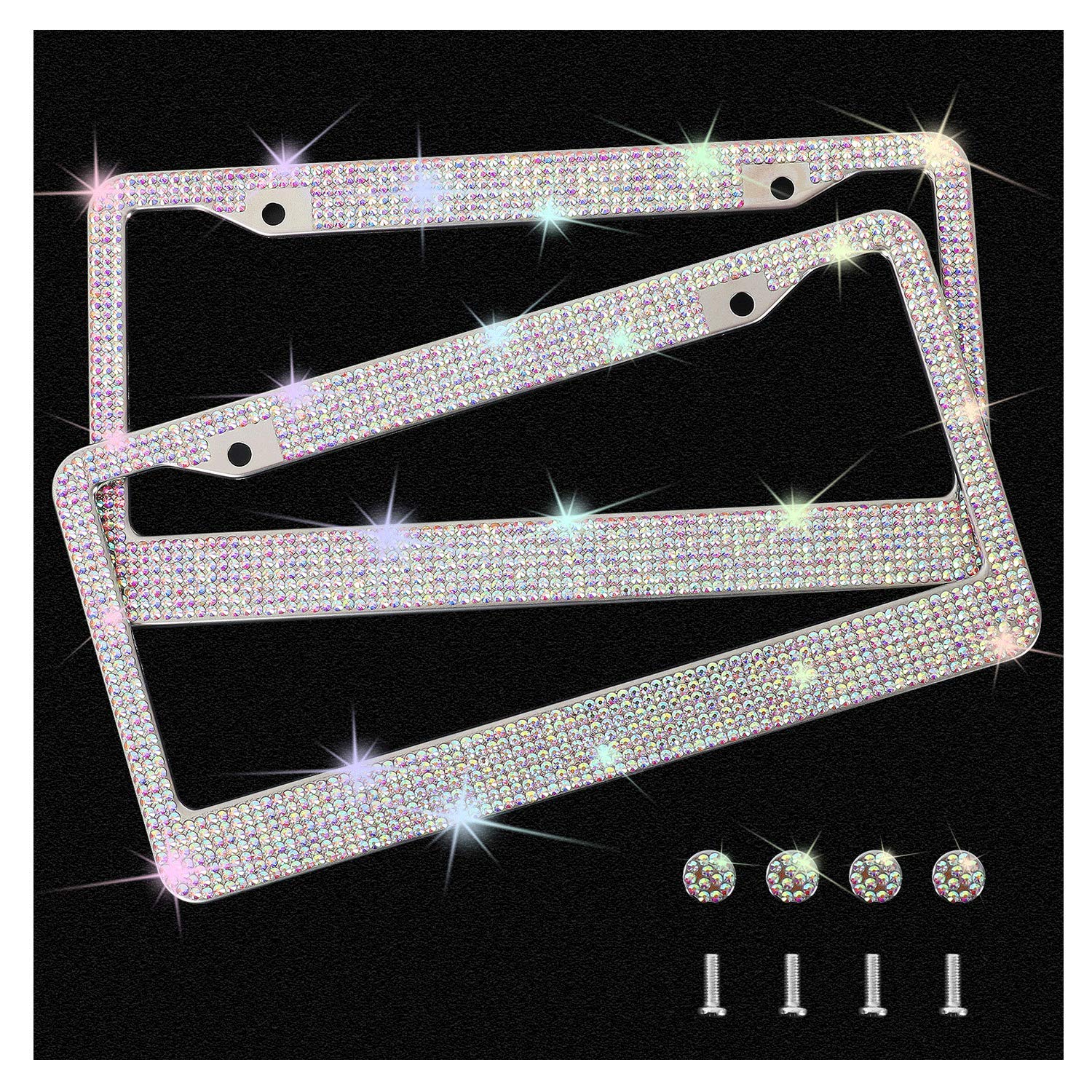 KIWEN Bling License Plate Frame - Rhinestone Stainless Steel, Colorful, 2 Pack with High-End Ribbon Gift Box