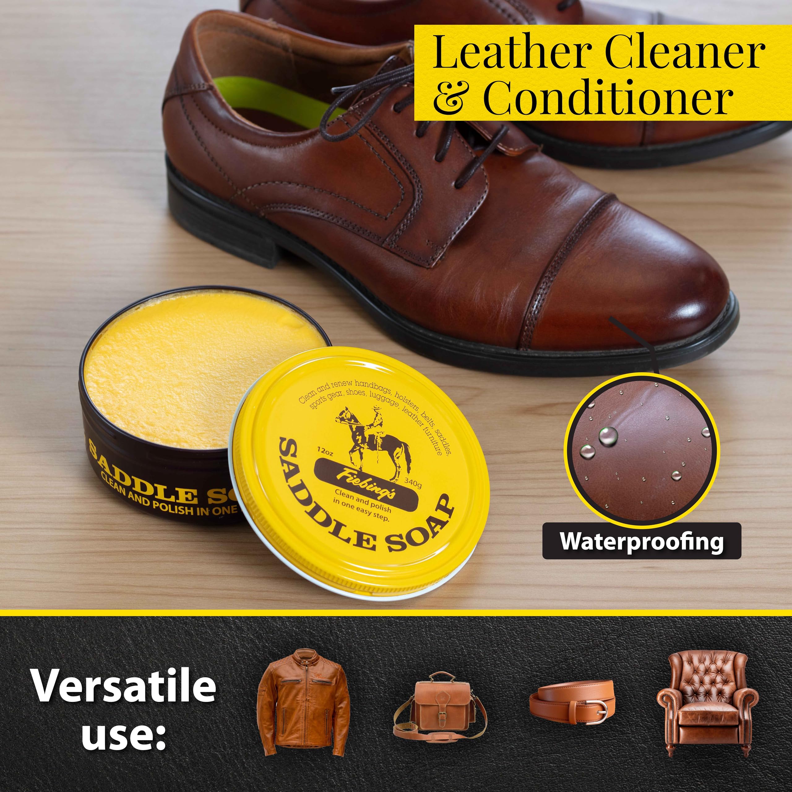 Fiebing's Yellow Saddle Soap for Leather (2 Pack, 12 oz Each) - Leather Cleaner & Conditioner to Soften, Protect & Restore Leath