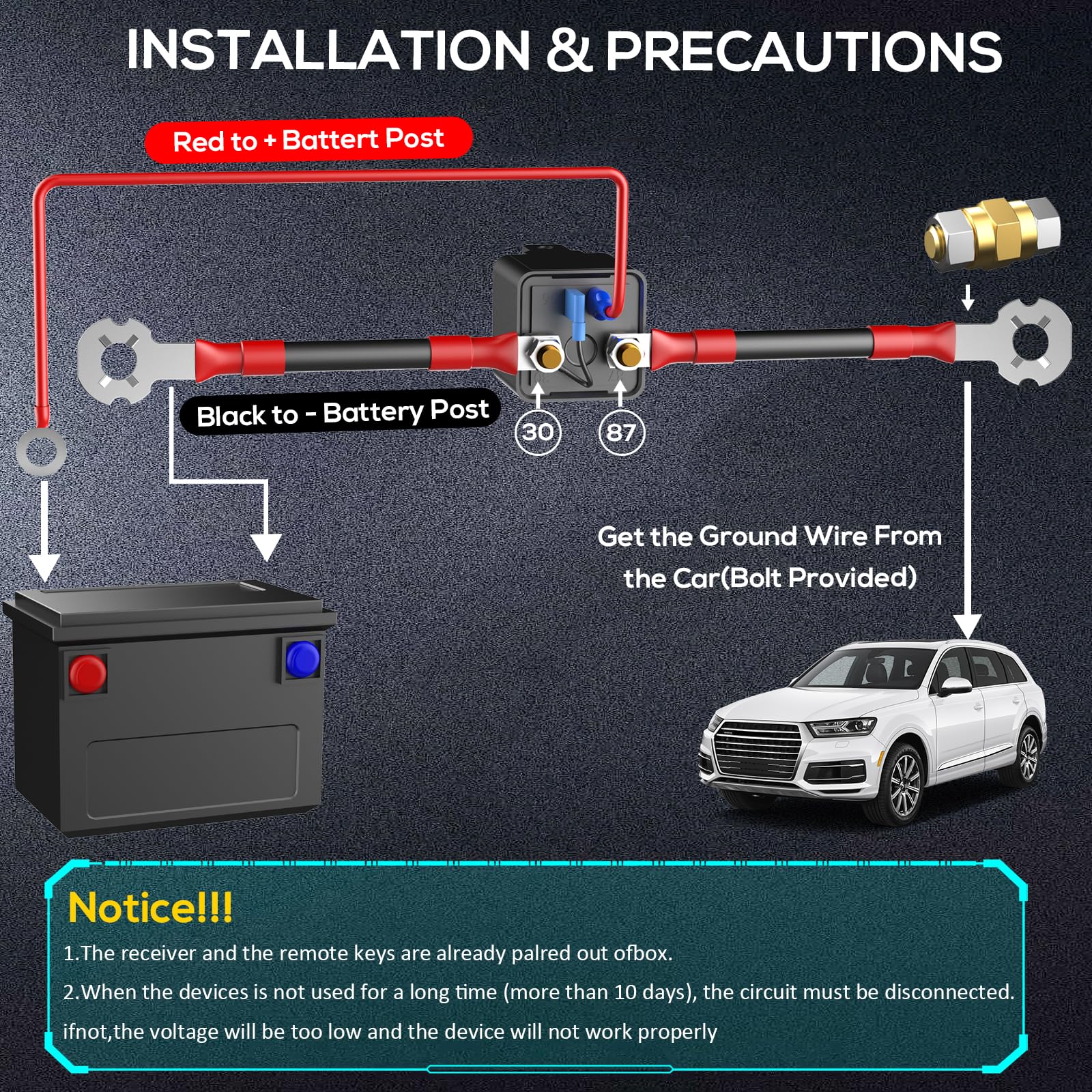 Side Post Remote Battery Disconnect Switch 12V 200A, Battery Cut Off Switch Upgrade Prevent Battery Drain, Easy Installation, Se