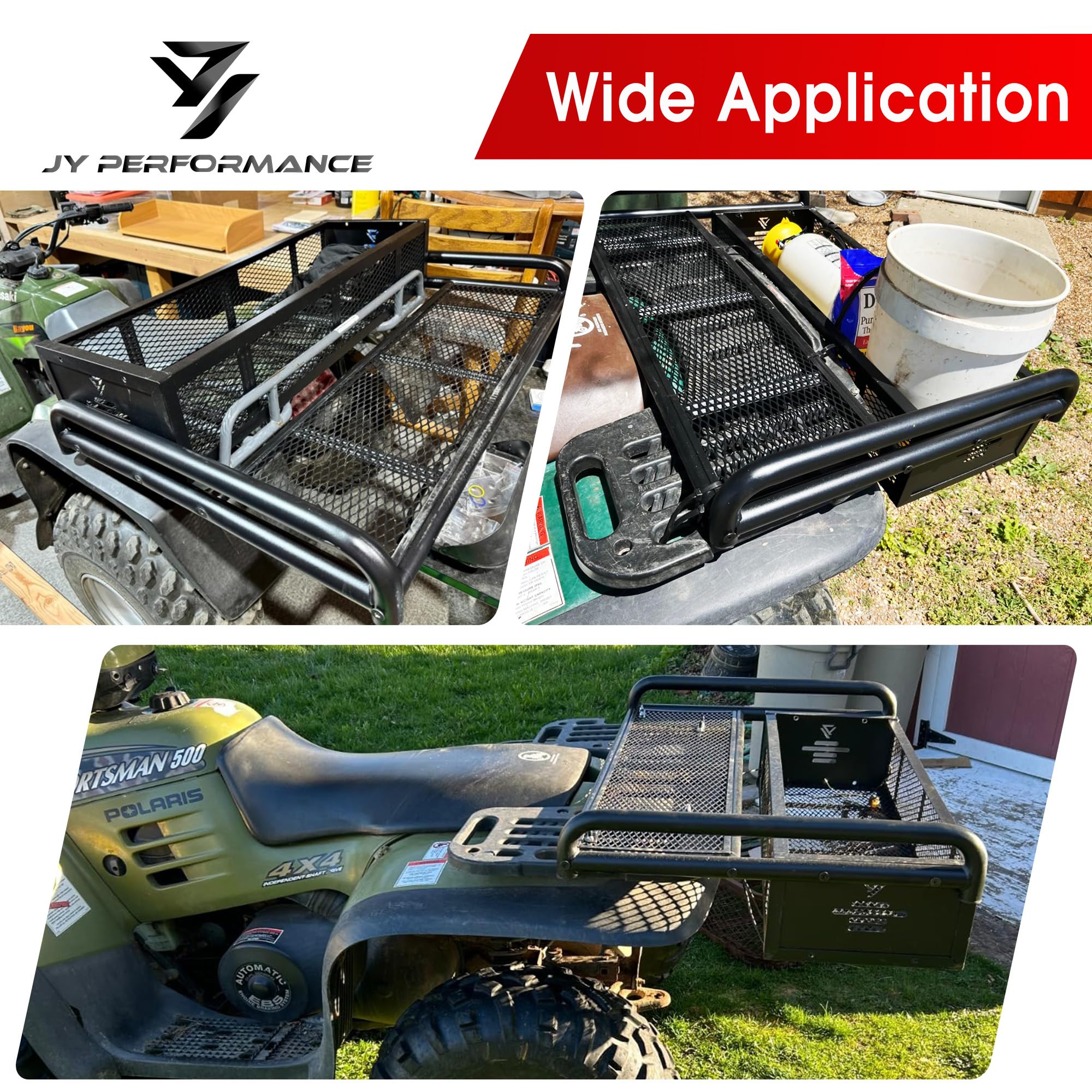 JY PERFORMANCE ATV Rear Cargo Basket, Alloy Steel, Black, Model DAC001, Universal Storage Rack for Camping/Fishing/Hiking