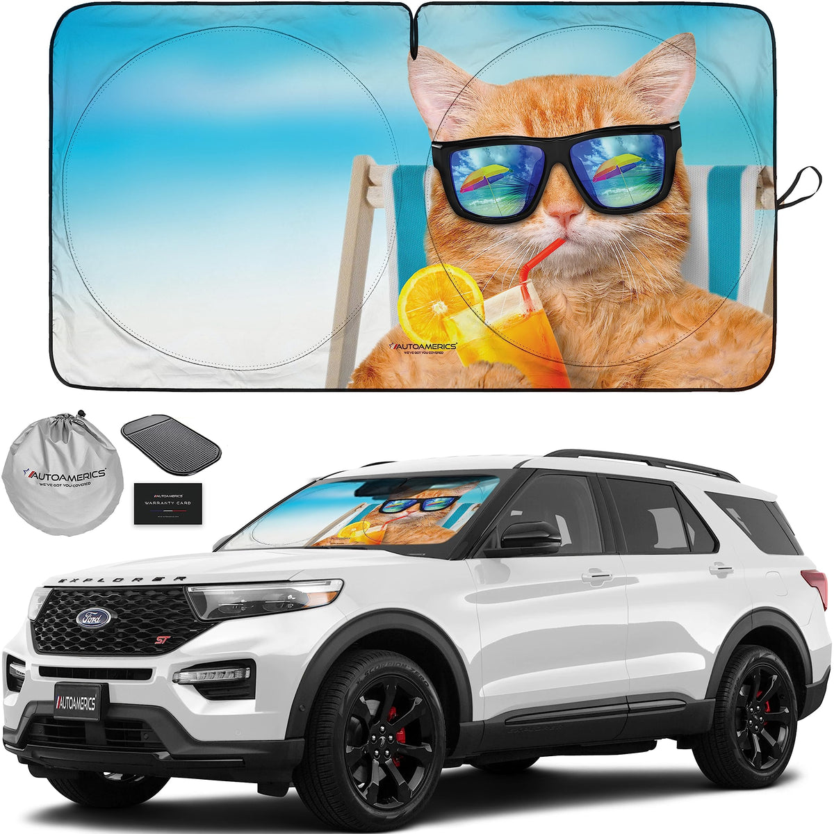 Autoamerics 1-Piece Windshield Sun Shade - Cool Cat Design Foldable Car Front Window Sunshade For Cars Suv Truck - Heat Blocker