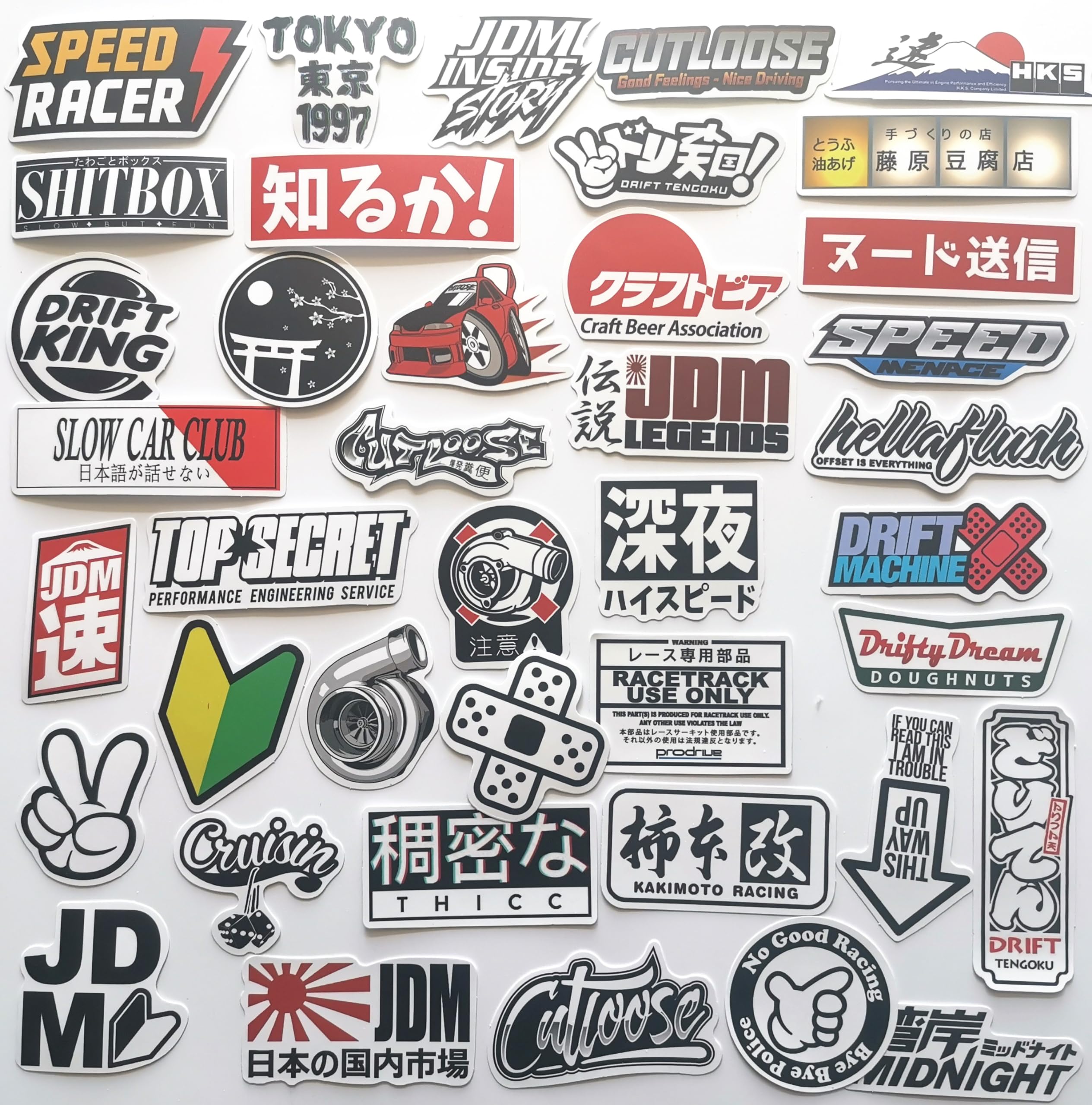 50Pcs Funny JDM Stickers Japanese Racing Graphics for Cars Motorcycle Helmet Decals Drift Slammed Auto Race Motors Motorbike Dec
