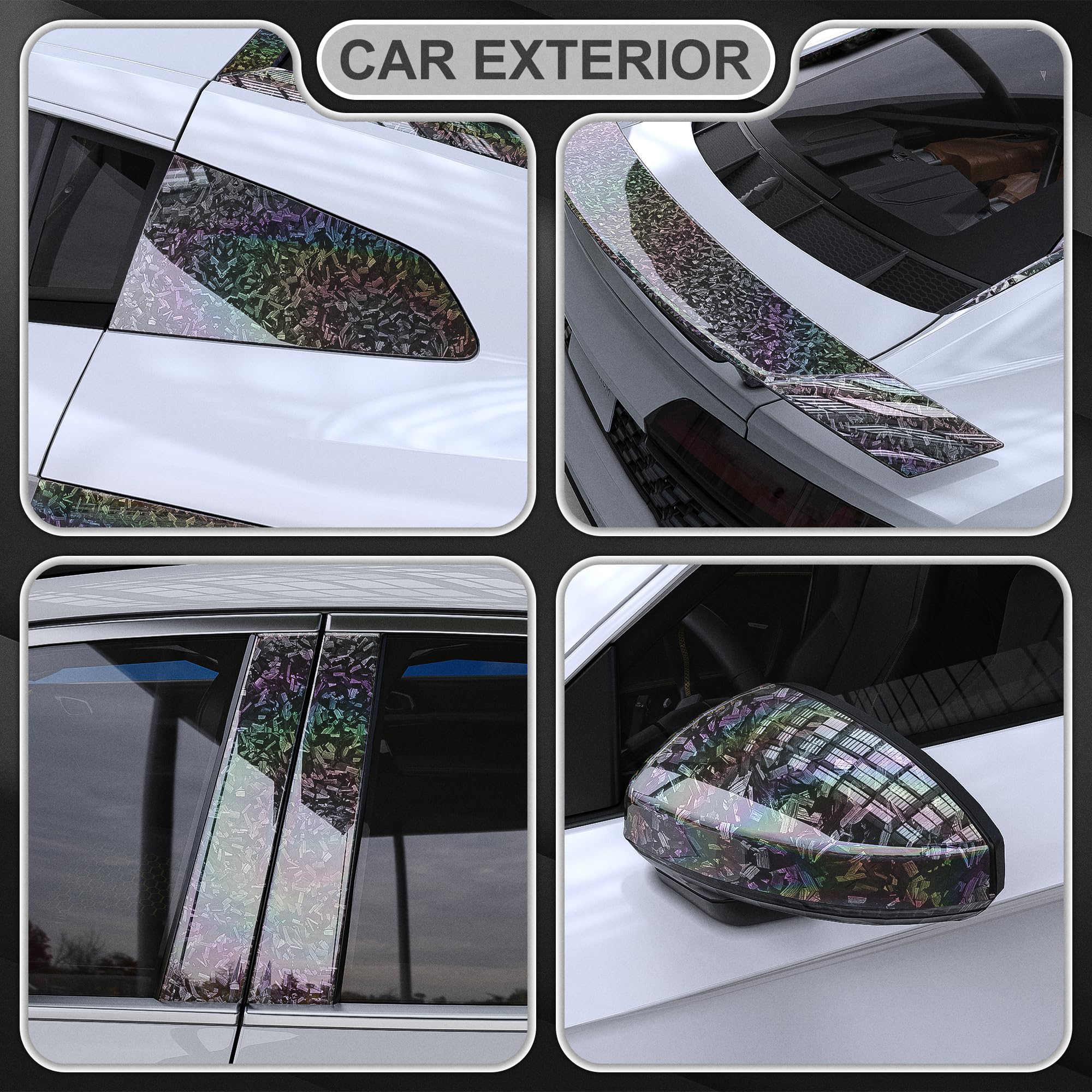 Lypumso Holographic Forged Carbon Fiber Vinyl Wraps, Silver Rainbow Laser Vinyl Wraps For Cars, High Gloss Exterior Interior Dec