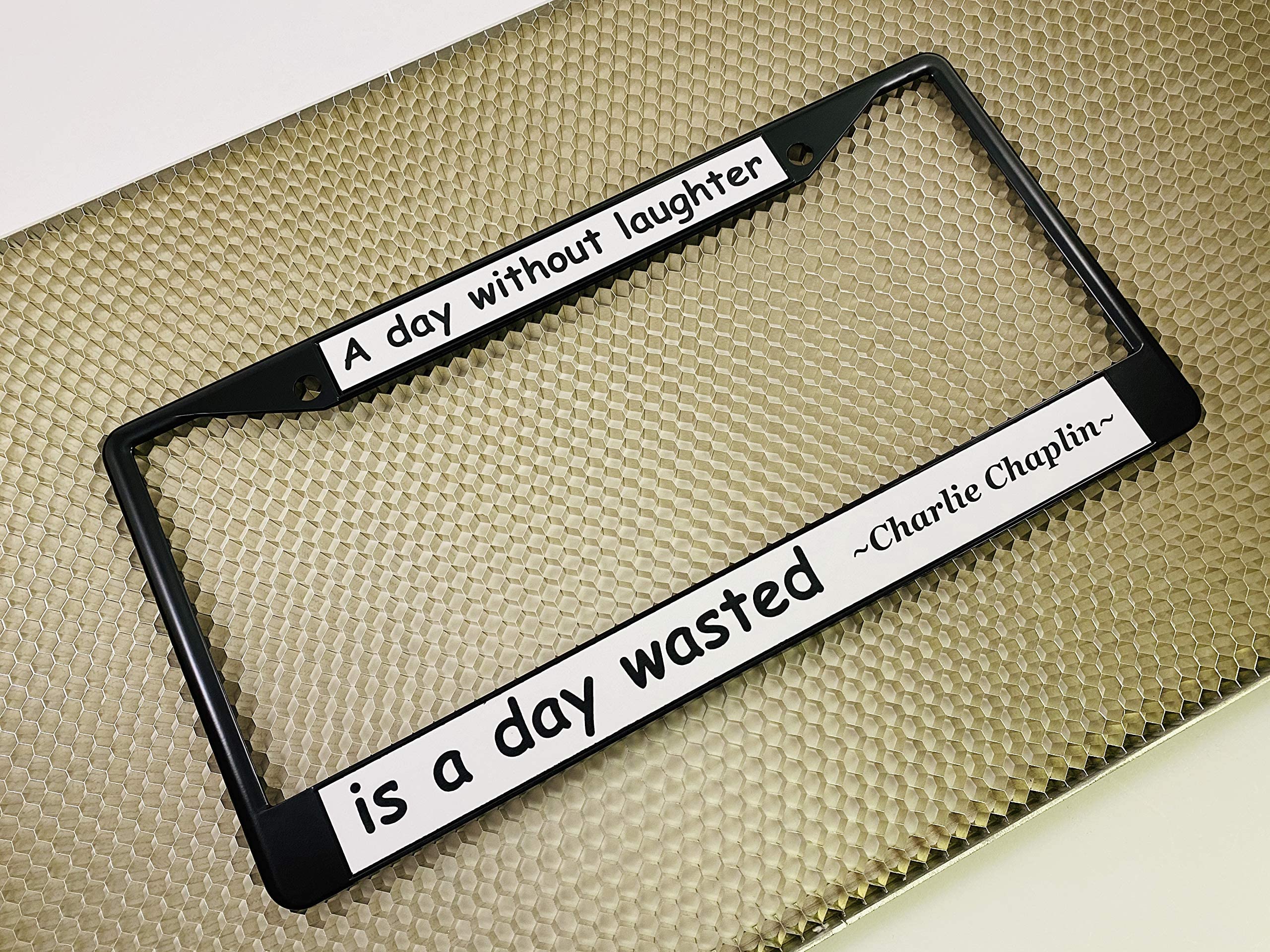 Custom Personalized Black Powder-Coated Metal Laser Engraved Standard Size - Car/Automobile License Plate Frame With Free Caps -