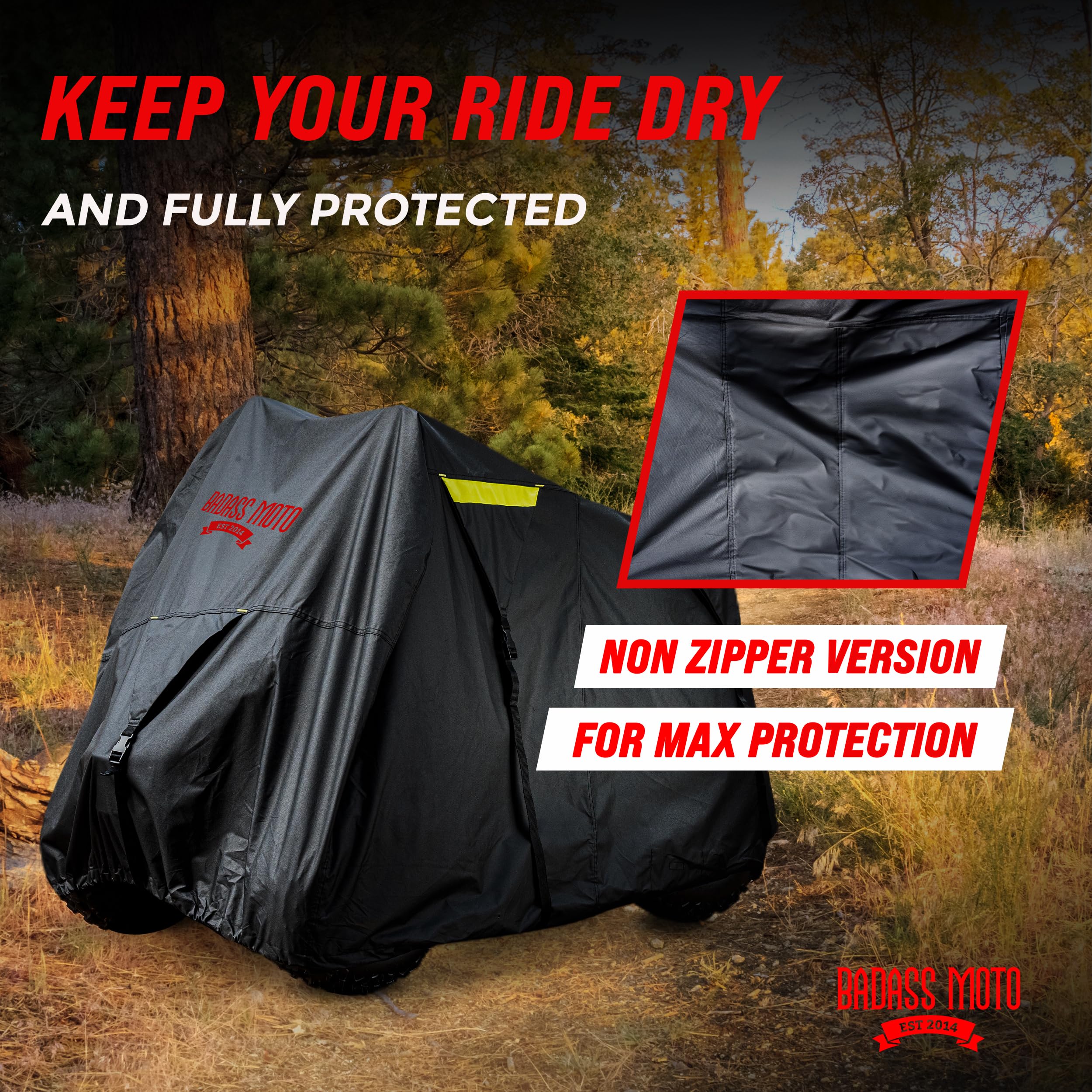 Badass Moto Ultimate ATV Cover Waterproof Outdoor Heavy Duty Storage. Durable 4 Wheeler Covers All Weather Rain Sun Snow. Four W