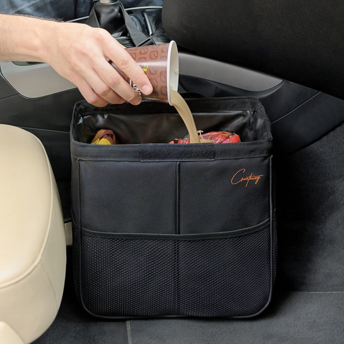 Creathing Car Trash Can Foldable, Waterproof | Organizer Bag Or Garbage Can For Console/Seat (Large, Black)