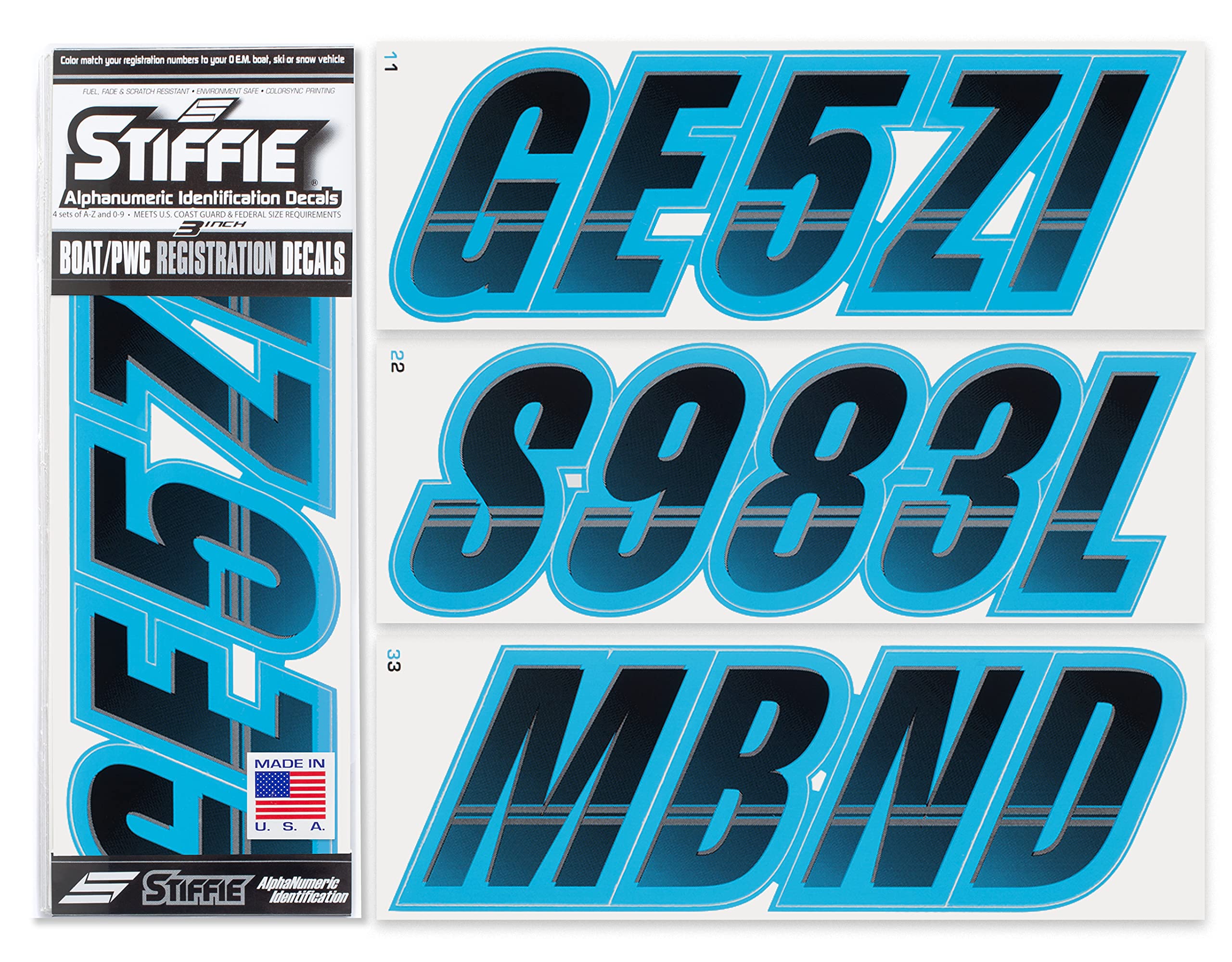 Stiffie Techtron Black/Sky Blue 3 '' Boat & Pwc Registration Decals  Numbers Letters Stickers
