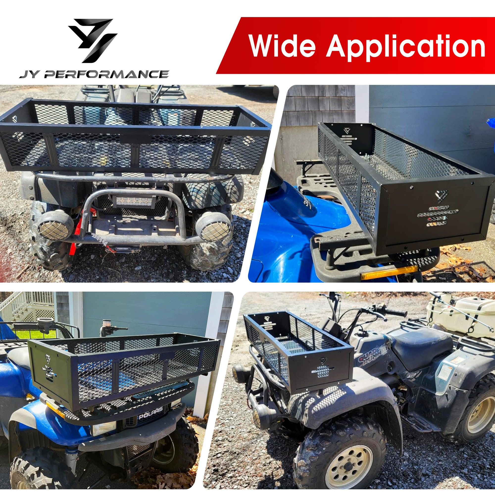 JY Performance Universal ATV Front Cargo Basket Black Steel Storage Rack for Camping/Fishing/Beach Side/Hiking