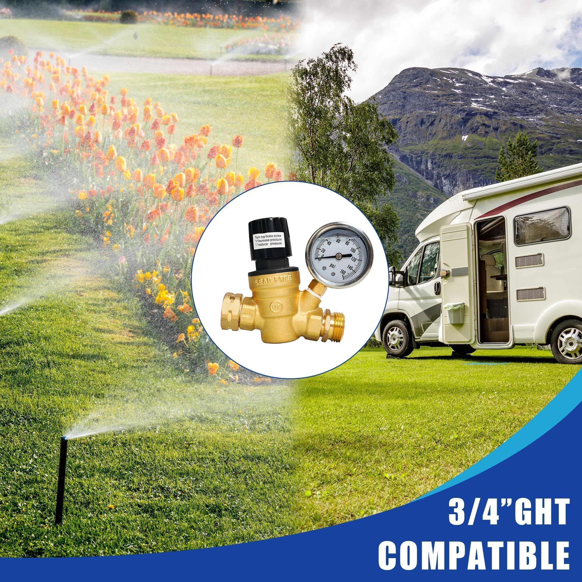 Hourleey Rv Water Pressure Regulator, Adjustable Handle Brass Water Pressure Regulator, Water Pressure Reducer With Gauge And In