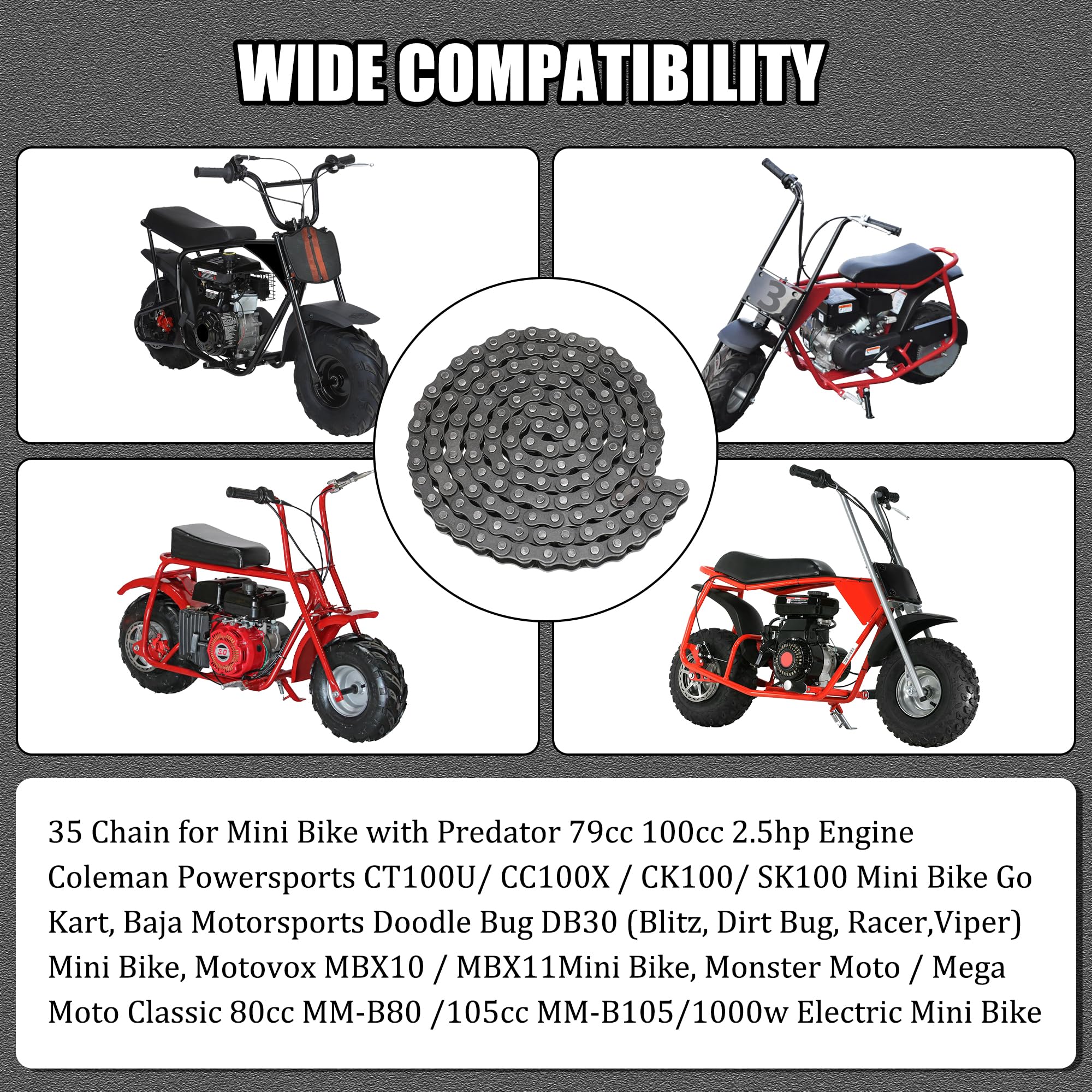 Yoxufa #35 Chain For Mini Bike Coleman Ct100U Cc100X Baja Doodle Bug Db30 Motovox Mbx10 Mbx11 Mega Moto Mm-B80 105Cc Predator 79Cc 97Cc 100Cc Engine Powersports Parts With Chain Breaker - 140 Links